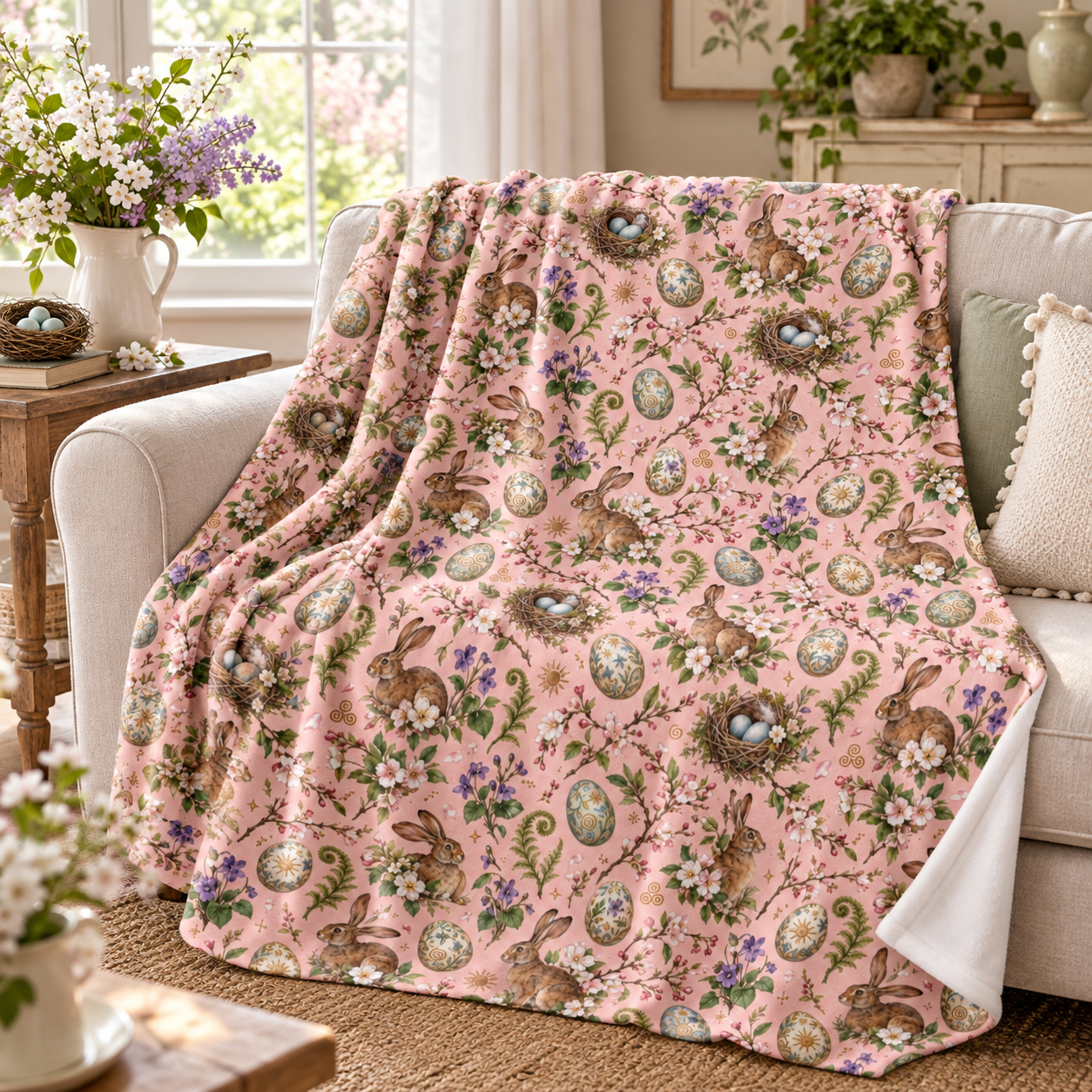 Ostara Rabbit & Spring Egg Velveteen Plush Throw | Lightweight Pink Spring Blanket