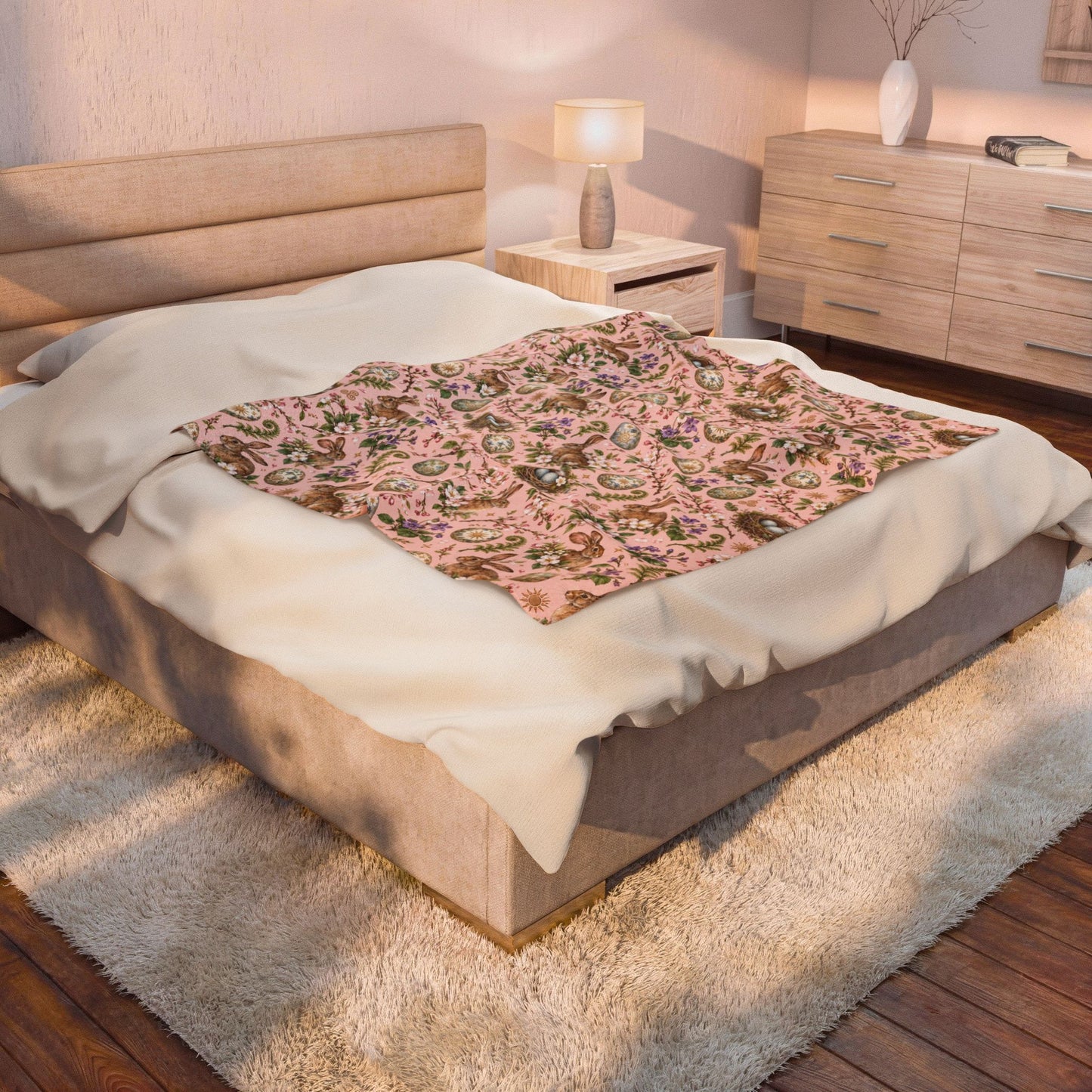 Ostara Rabbit & Spring Egg Velveteen Plush Throw | Lightweight Pink Spring Blanket