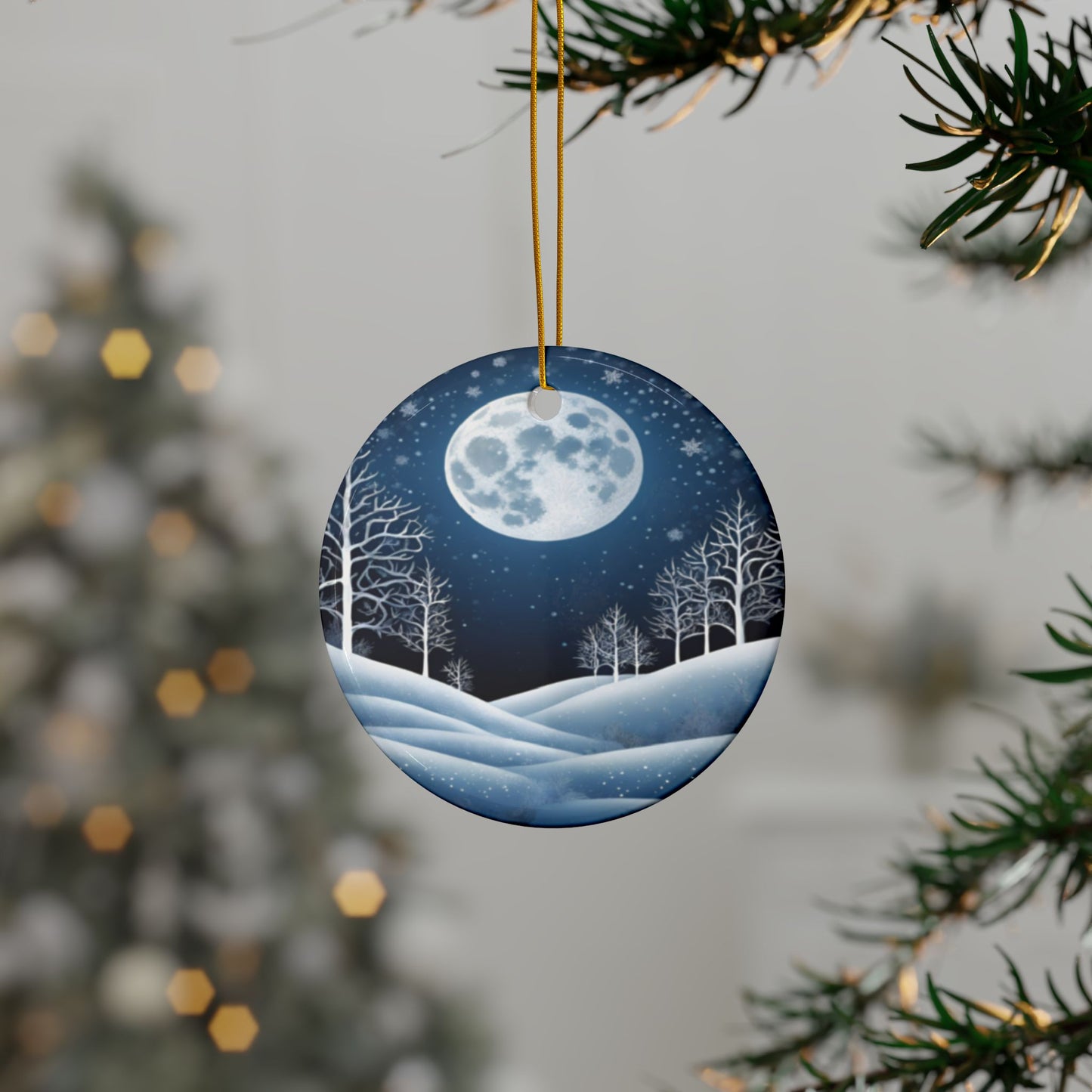 Winter Full Moon & Snowy Woodland Yule Ornament