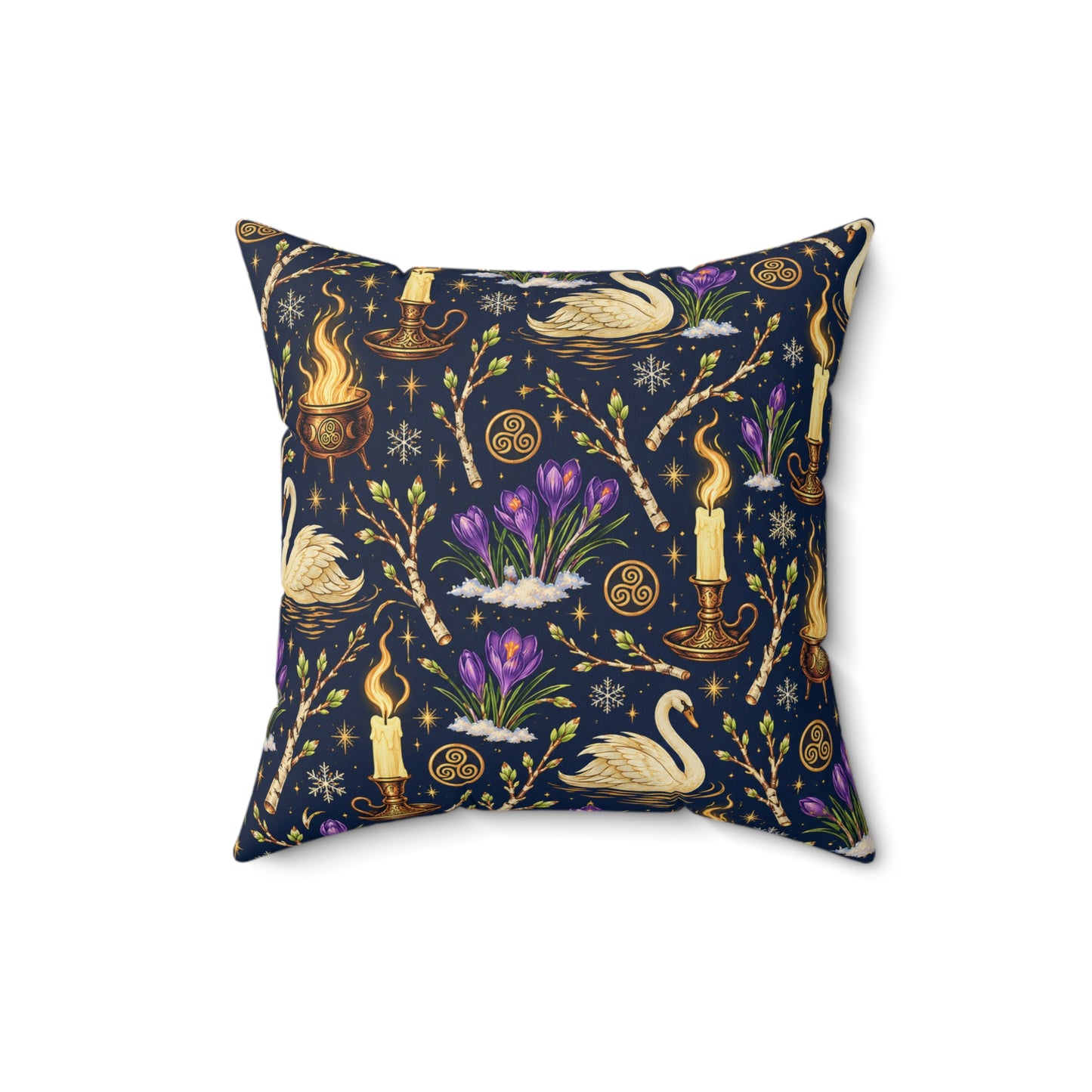 Imbolc Swan & Crocus Faux Suede Pillow – Candlelit Pagan Spring Decor
