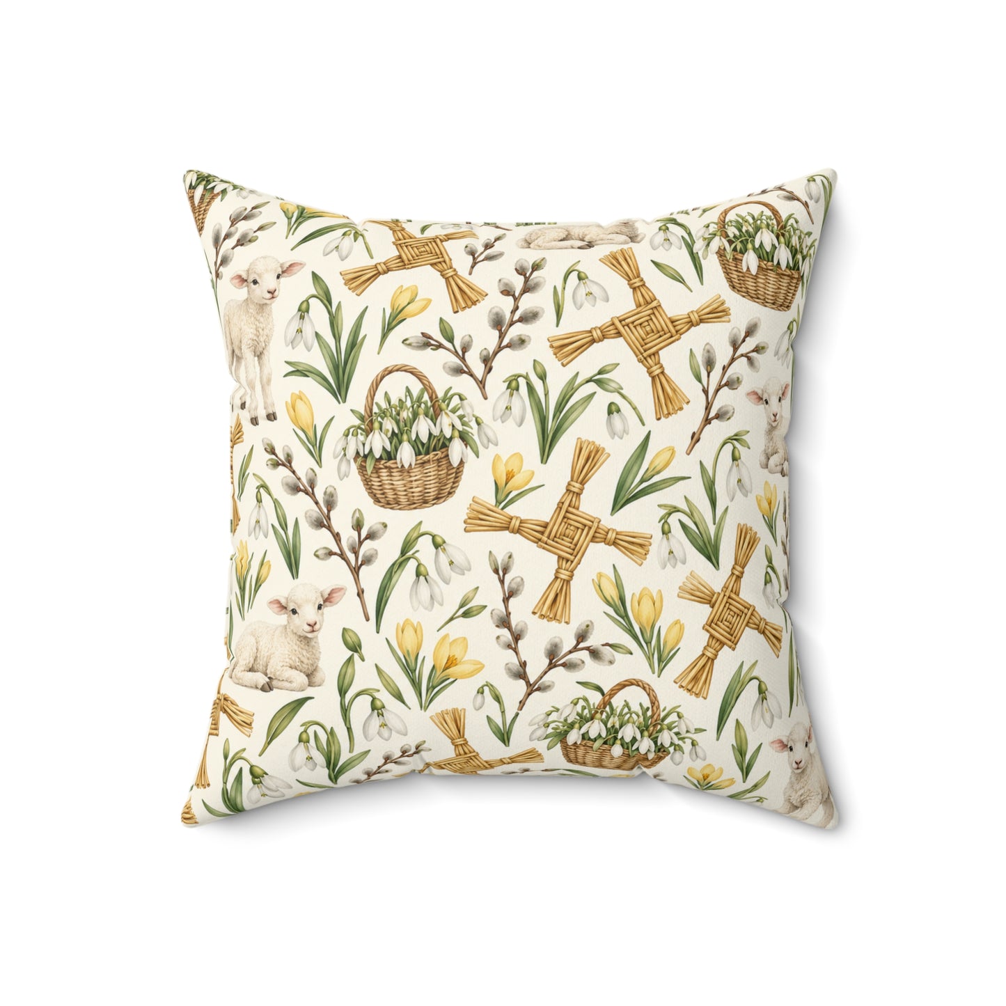 Imbolc Lamb & Brigid’s Cross Faux Suede Pillow | Snowdrop Spring Decor