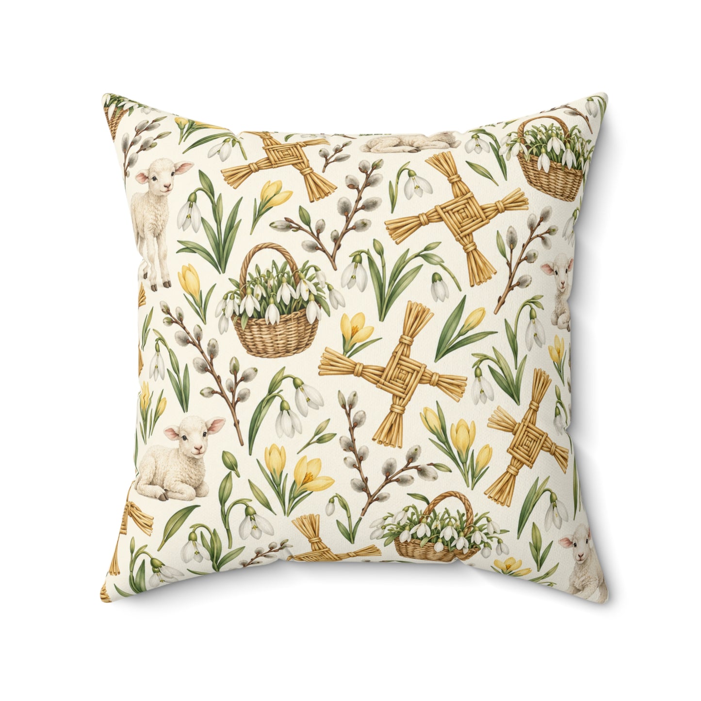 Imbolc Lamb & Brigid’s Cross Faux Suede Pillow | Snowdrop Spring Decor