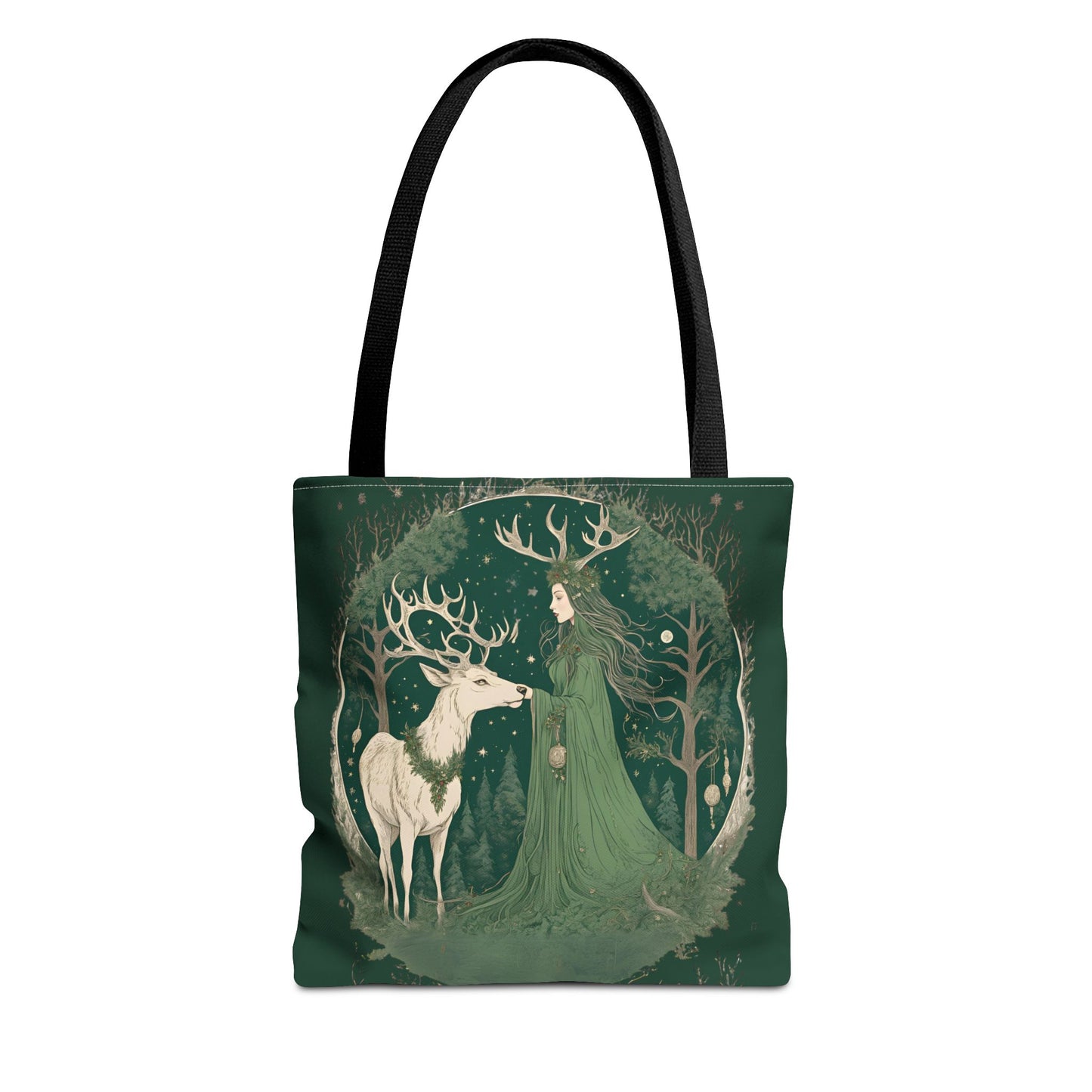 Yuletide Green Witch Tote Bag - Earthly Design, Eco-Friendly Grocery Bag, Reusable Shopping Tote, Nature Lover Gift, Eco Tote, Elemental - Divine Mystic Moons