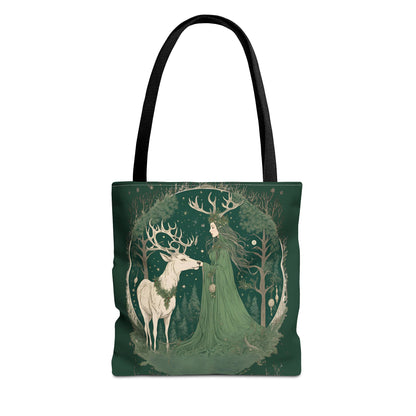 Yuletide Green Witch Tote Bag - Earthly Design, Eco-Friendly Grocery Bag, Reusable Shopping Tote, Nature Lover Gift, Eco Tote, Elemental - Divine Mystic Moons