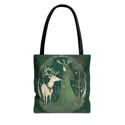 Yuletide Green Witch Tote Bag - Earthly Design, Eco-Friendly Grocery Bag, Reusable Shopping Tote, Nature Lover Gift, Eco Tote, Elemental - Divine Mystic Moons