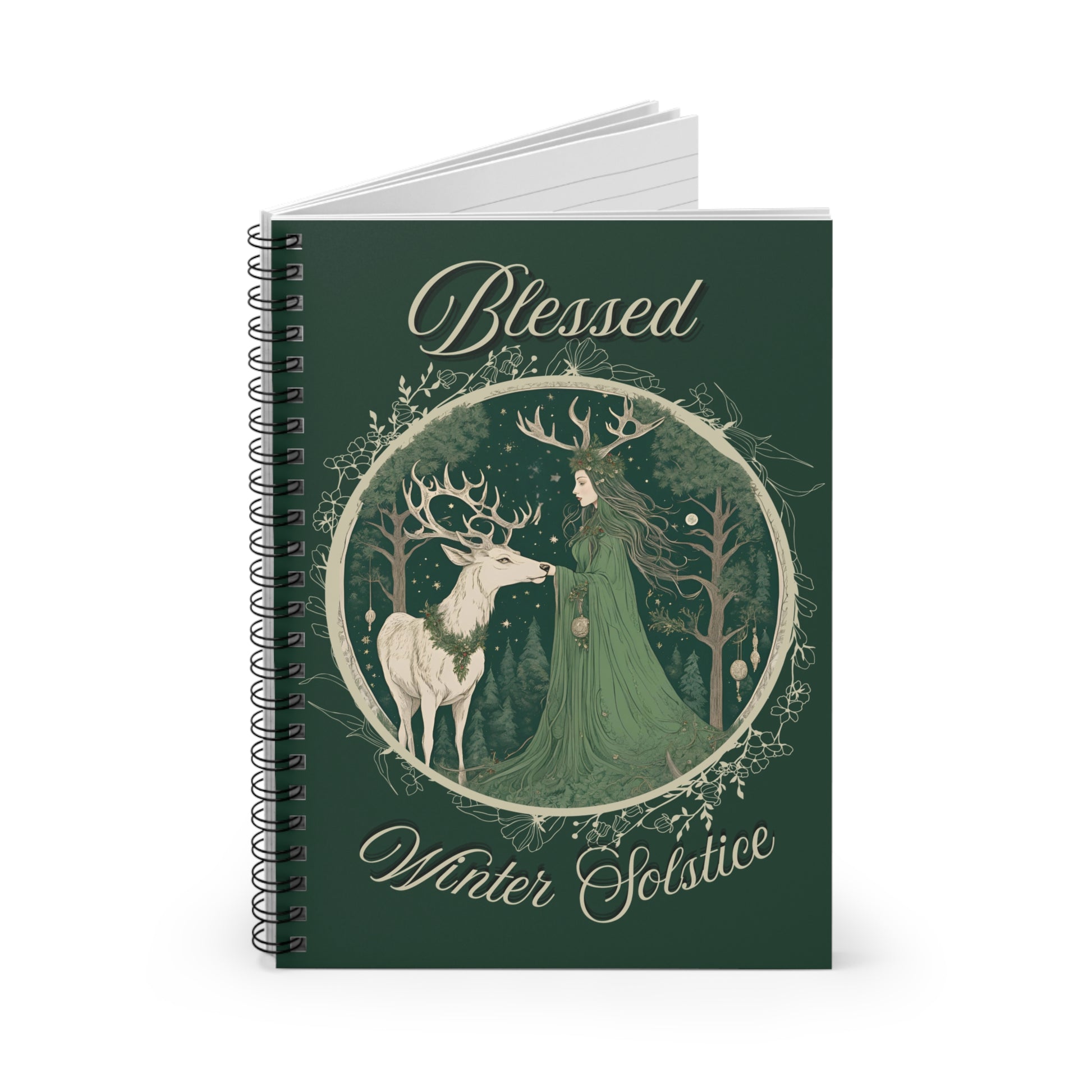 Blessed Winter Solstice Notebook – Yule Spiral Journal with Forest Goddess & Stag, Pagan Witch Sabbat Planner, Wiccan Grimoire Gift - Divine Mystic Moons