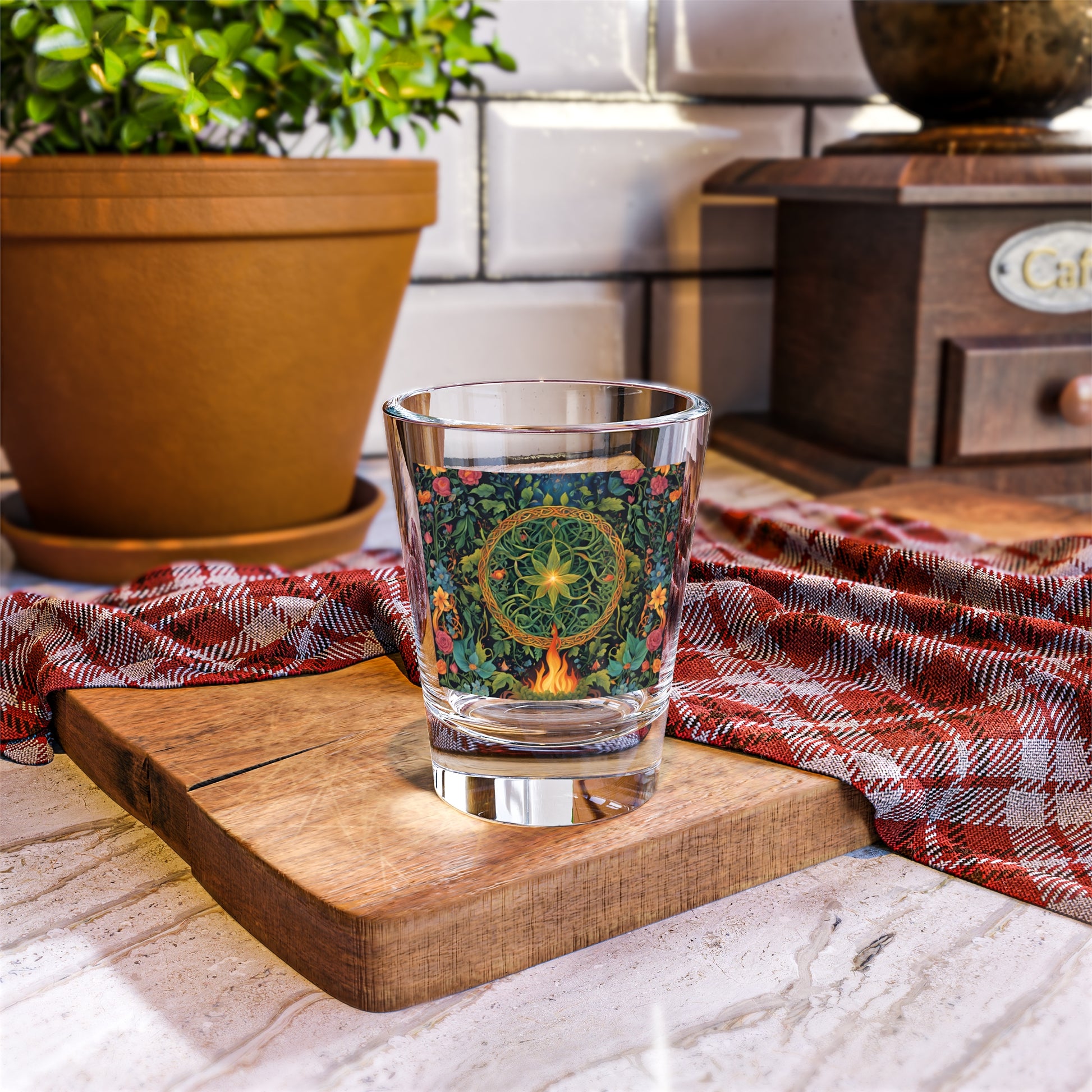 Green Witch Fire Ritual Shot Glass Celtic Knot Floral Design, Nature Magic Barware, Pagan Altar Cup, Herbal Witch Drinkware - Divine Mystic Moons