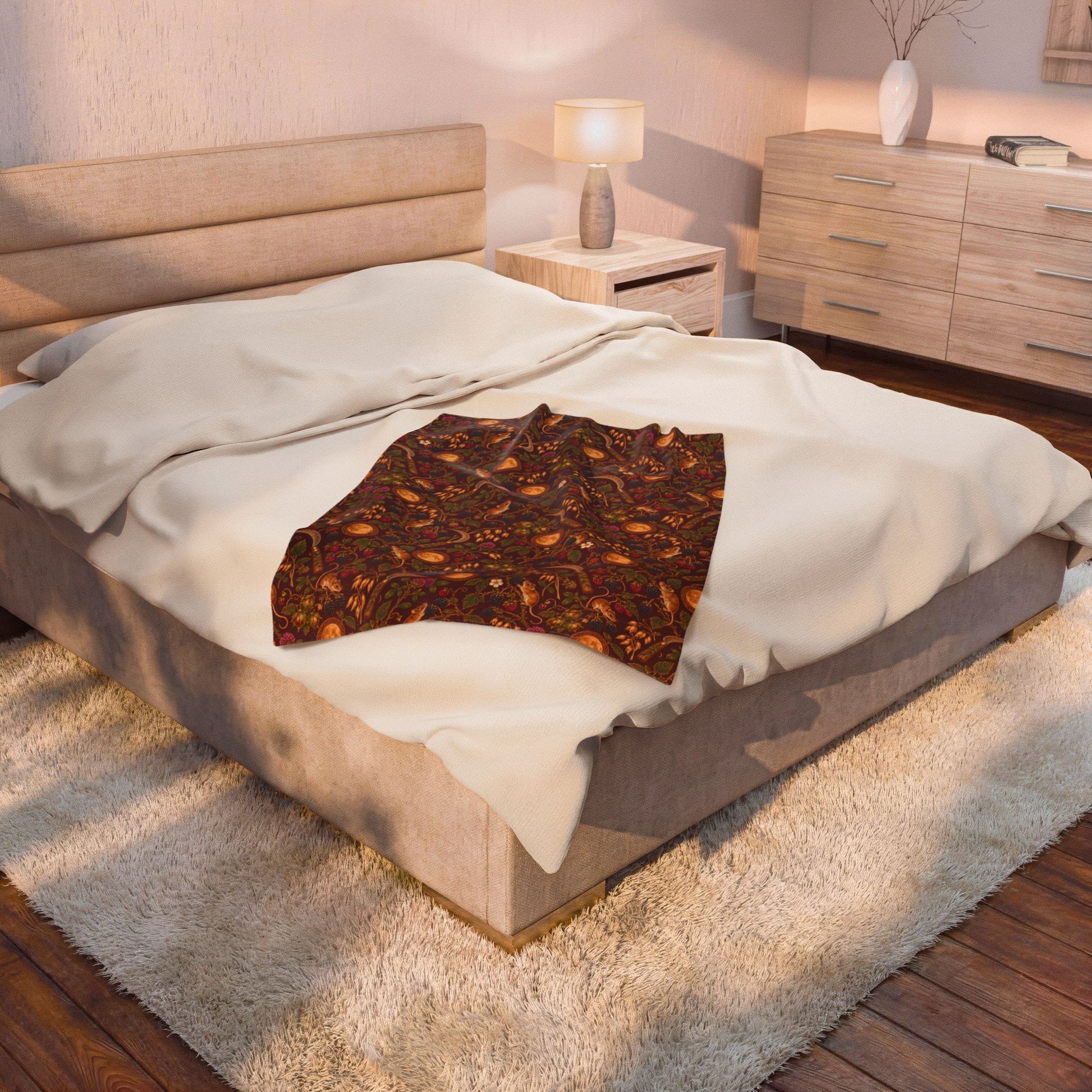 Lughnasadh Harvest Mouse Velveteen Plush Blanket – Lightweight Blackberry & Moon Throw - Divine Mystic Moons