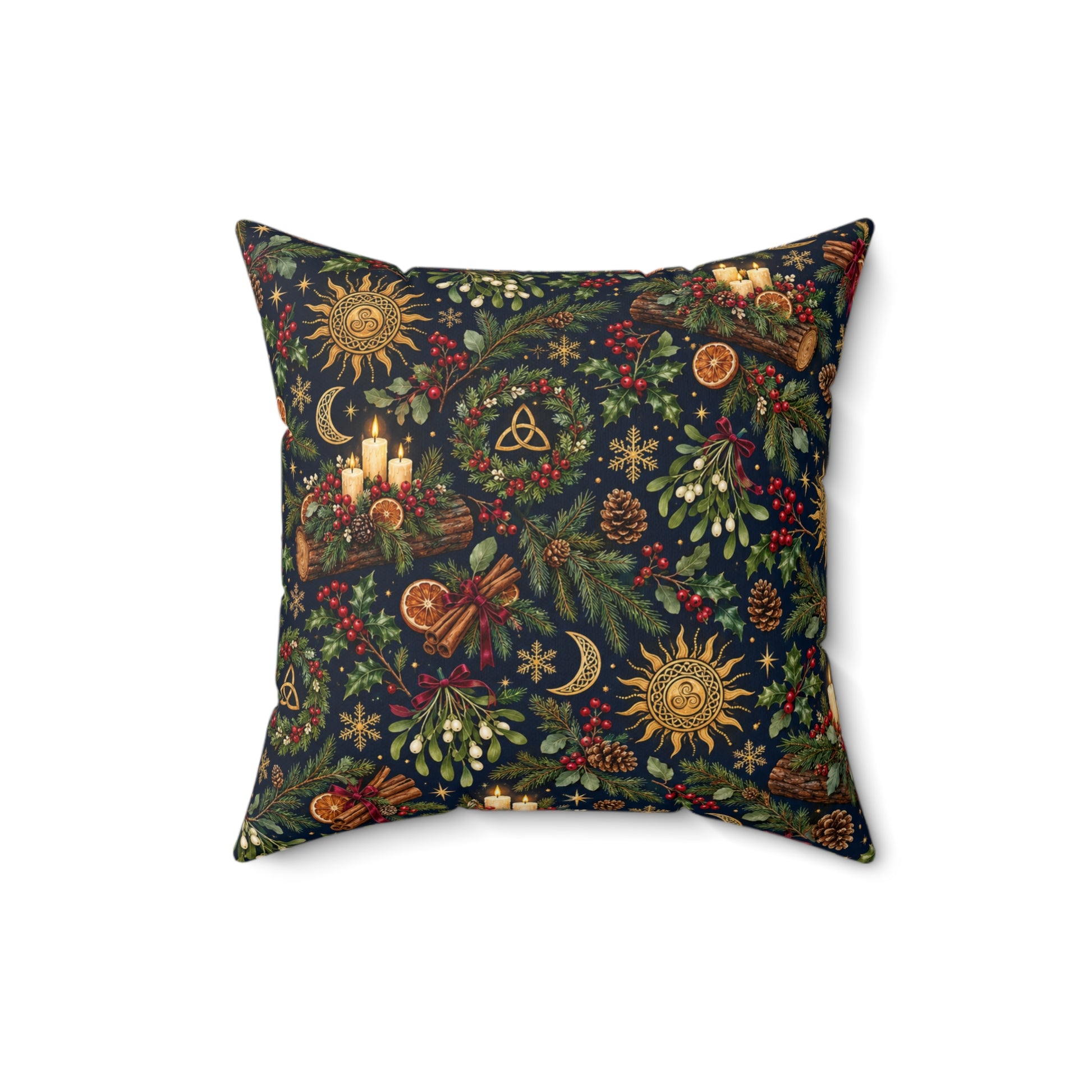 Yule Log & Evergreen Faux Suede Pillow – Celestial Winter Solstice Decor - Divine Mystic Moons
