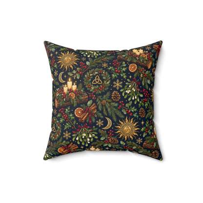 Yule Log & Evergreen Faux Suede Pillow – Celestial Winter Solstice Decor - Divine Mystic Moons