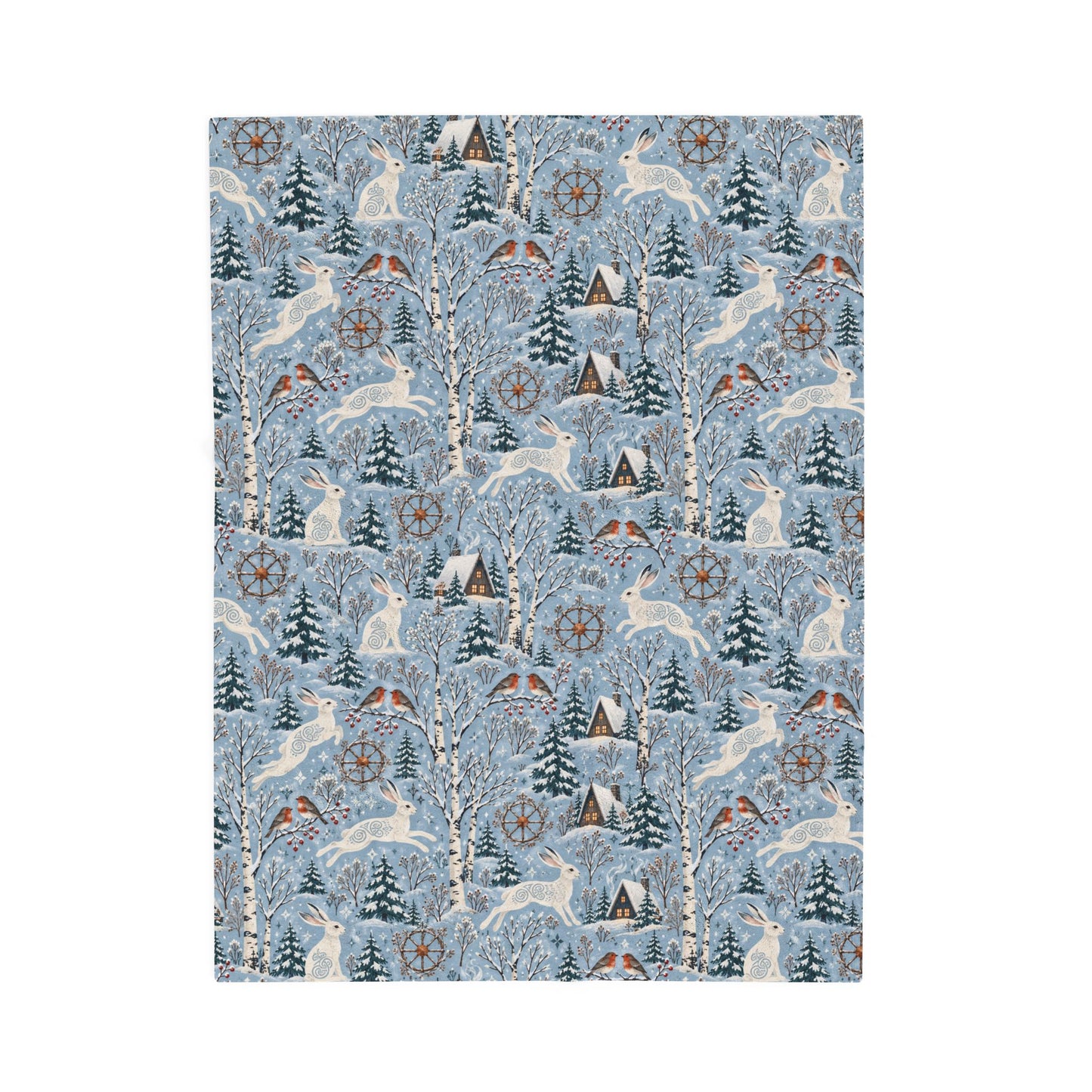Winter Woodland Hare Velveteen Plush Blanket – Lightweight Blue Yule Throw - Divine Mystic Moons