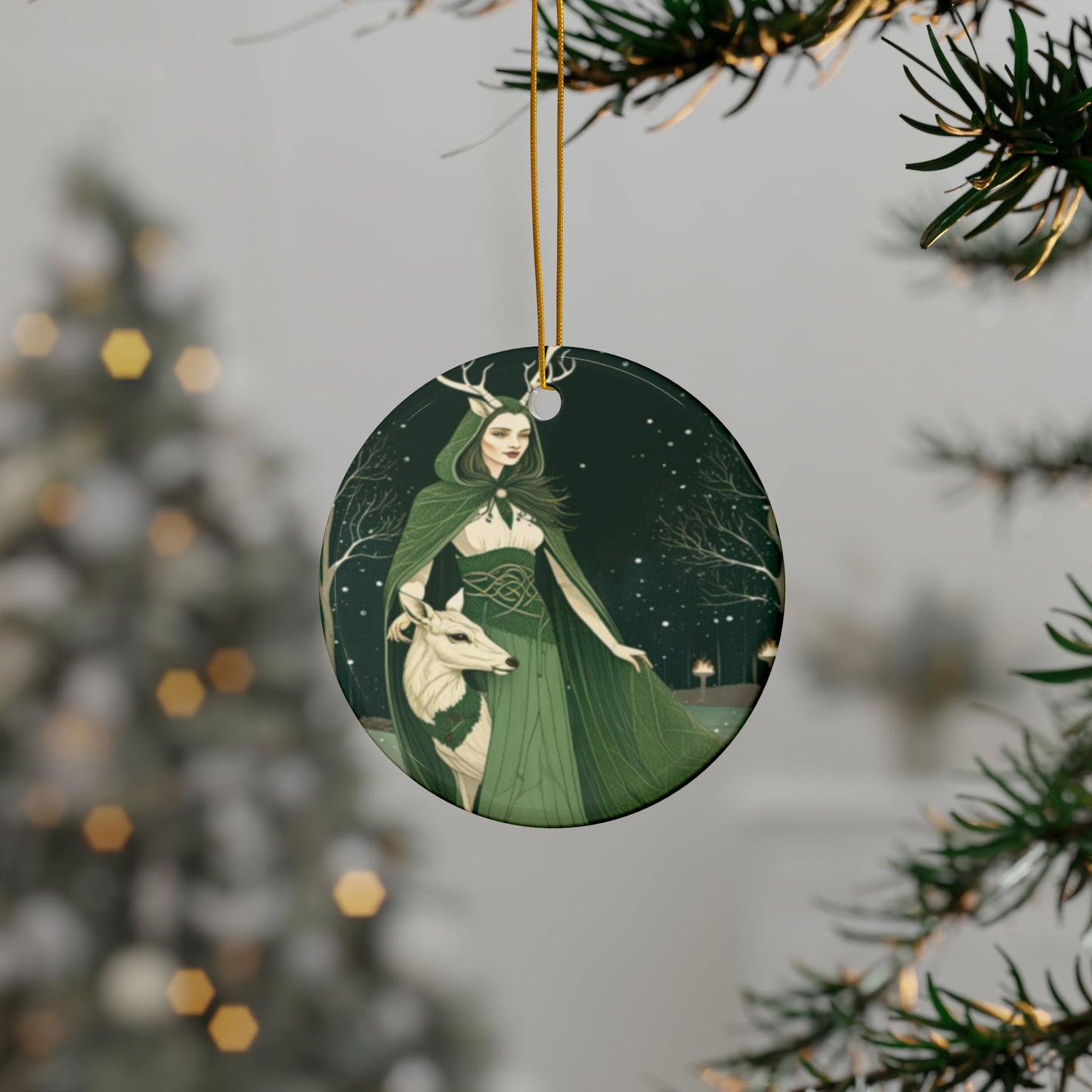Antlered Woodland Maiden & White Deer Yule Ornament