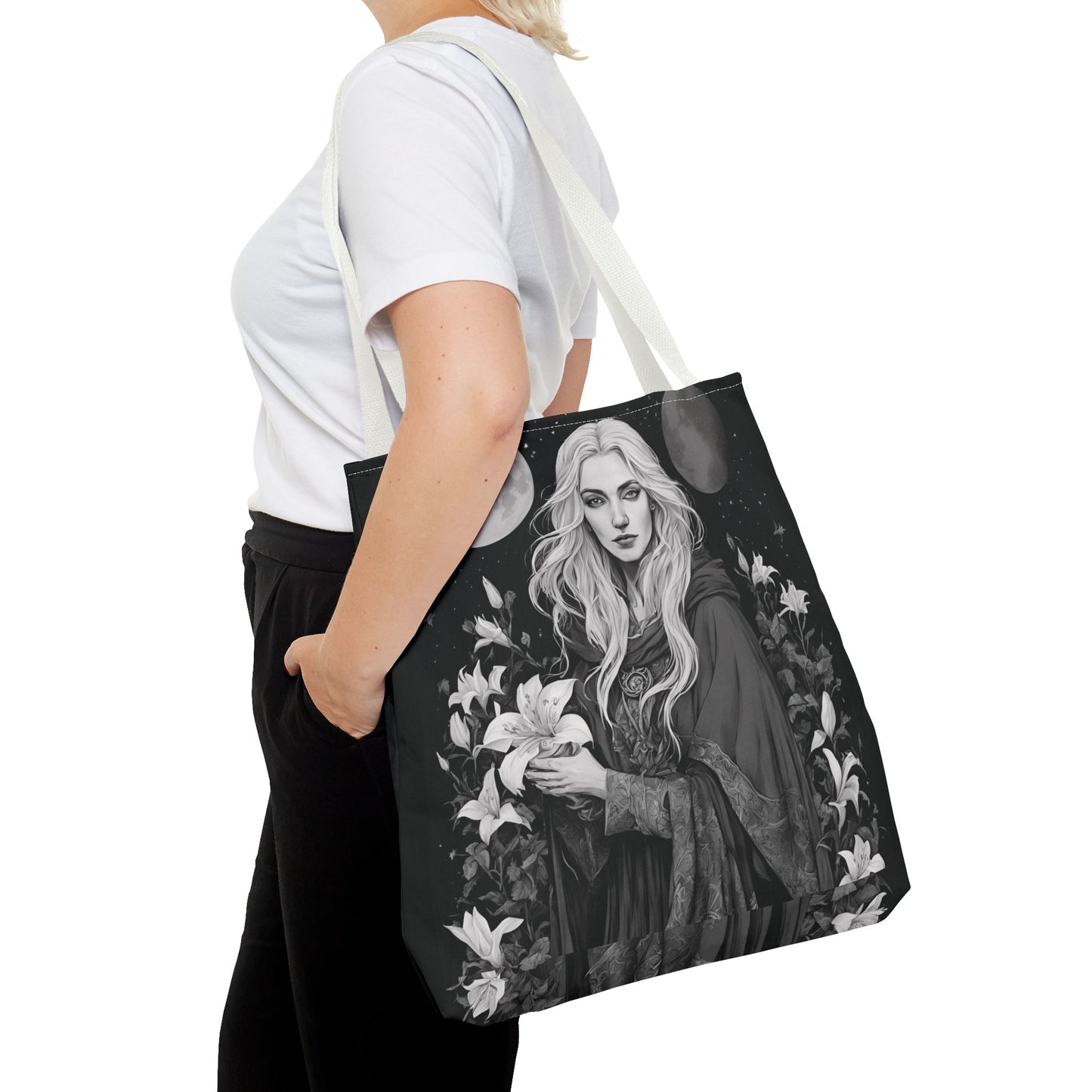 Mystical Floral Tote Bag, Witch Aesthetic Handbag, Boho Chic Shopper, Eco-Friendly Grocery Bag, Everyday Carryall, Gift for Her - Divine Mystic Moons