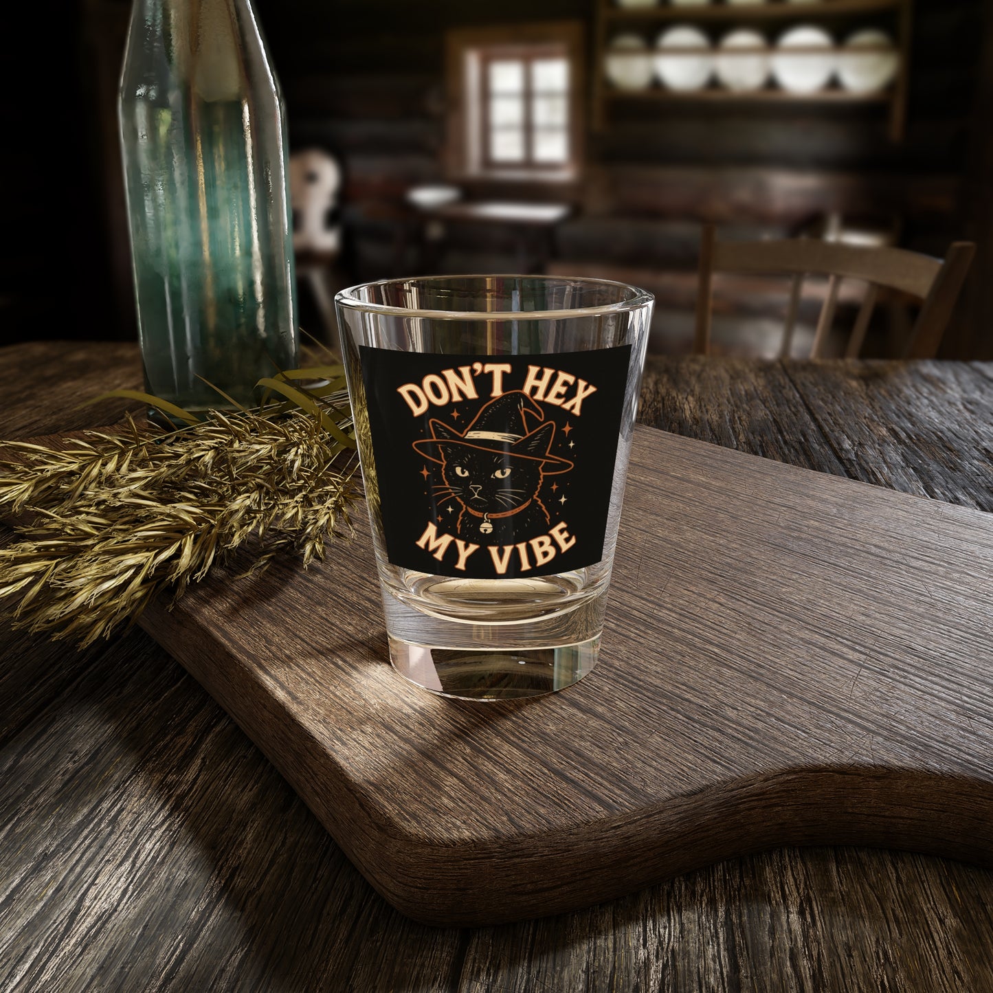 Dont Hex My Vibe Shot Glass Witchy Black Cat Barware, Spooky Halloween Gift, Gothic Drinkware, Kawaii Witch Kitchen Decor - Divine Mystic Moons