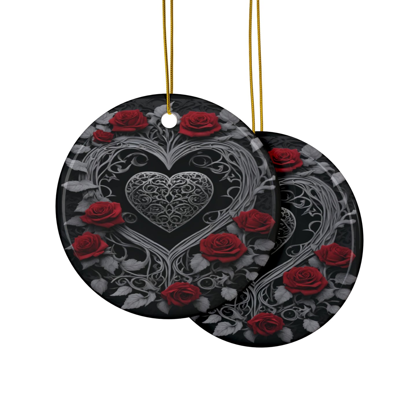 Gothic Heart Ceramic Ornaments - Black Silver Rose Design - Witchy Home Decor - Holiday Ornament Set - 1/3/5/10 pieces - Divine Mystic Moons
