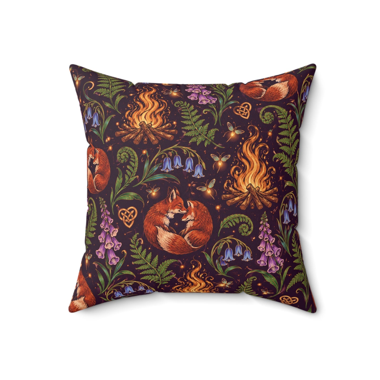 Beltane Fox & Bonfire Faux Suede Pillow – Purple Woodland Witch Decor
