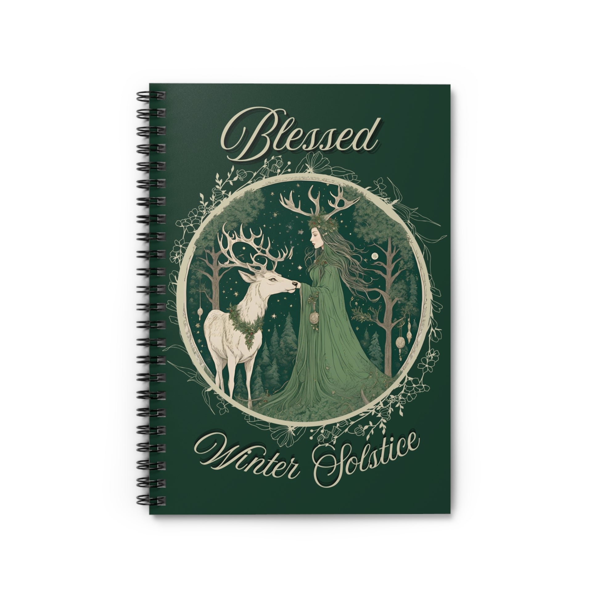 Blessed Winter Solstice Notebook – Yule Spiral Journal with Forest Goddess & Stag, Pagan Witch Sabbat Planner, Wiccan Grimoire Gift - Divine Mystic Moons