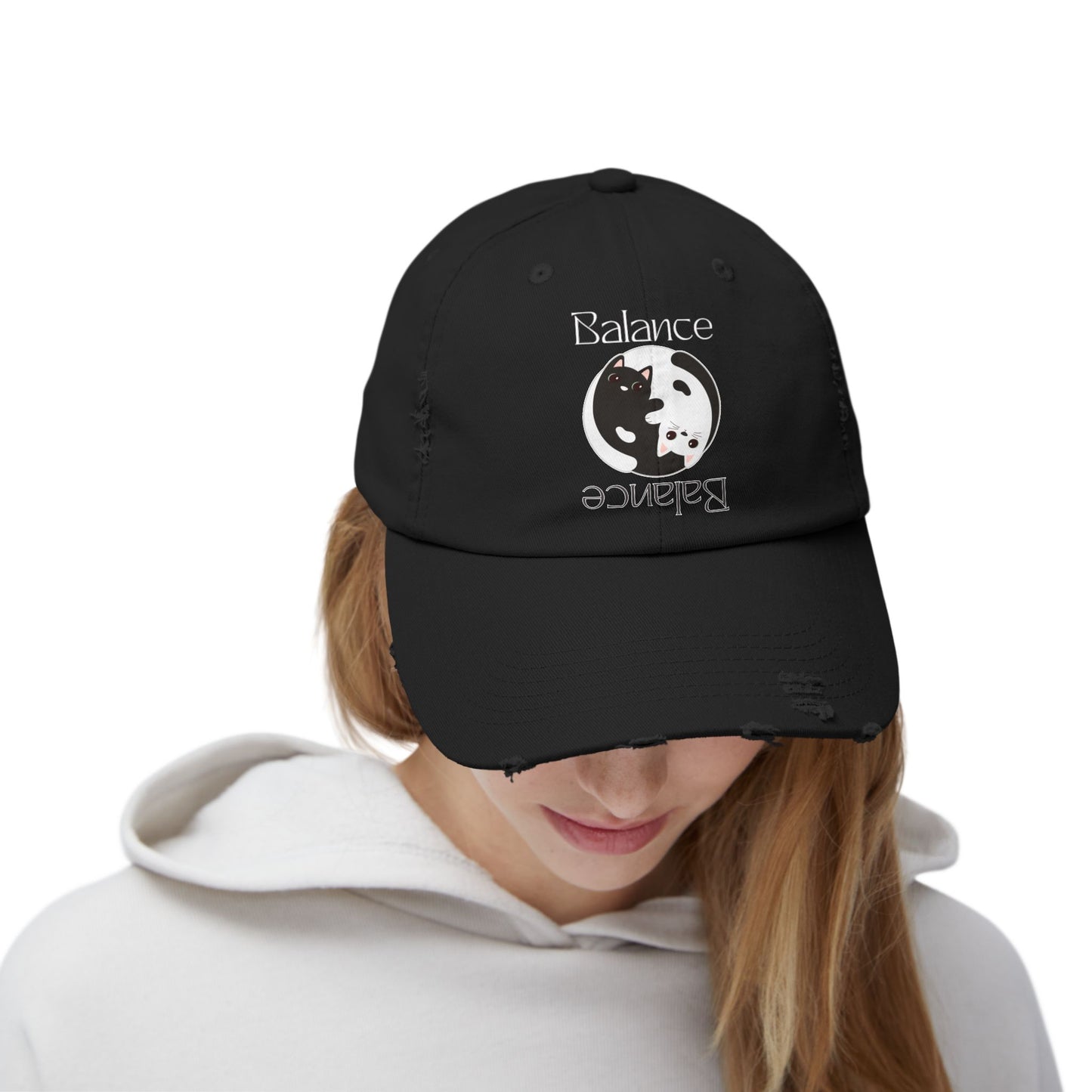 Distressed Balance Hat with Yin Yang Black & White Cats Dual-Sided Text, Intertwined Feline Design, Zen Style, Adjustable Cap - Divine Mystic Moons