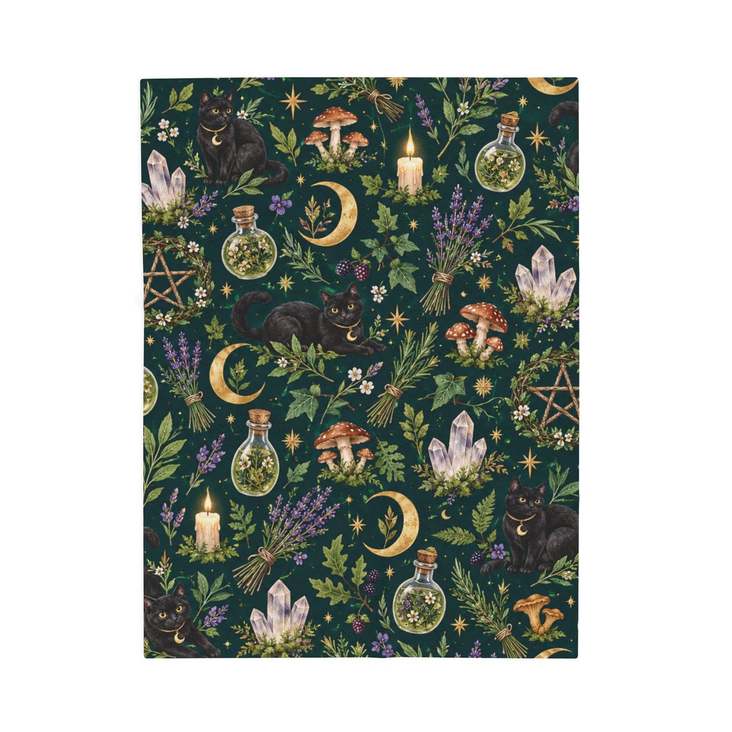 Green Witch Black Cat Velveteen Plush Blanket – Botanical Moon & Crystal Throw