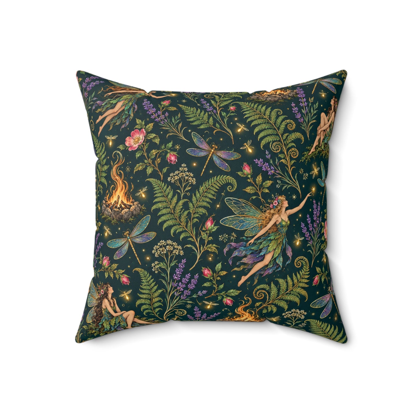 Beltane Fairy & Dragonfly Faux Suede Pillow | Enchanted Woodland Pagan Decor