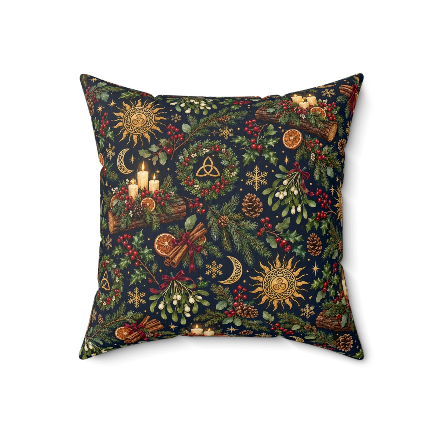 Yule Log & Evergreen Faux Suede Pillow – Celestial Winter Solstice Decor - Divine Mystic Moons