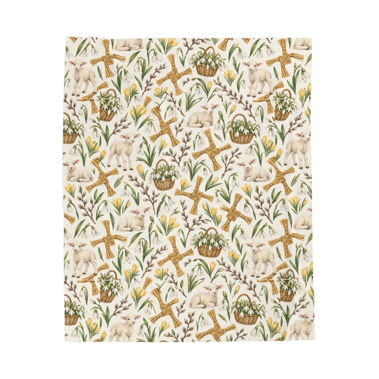 Imbolc Lamb & Brigid’s Cross Velveteen Plush Throw | Lightweight Snowdrop Blanket