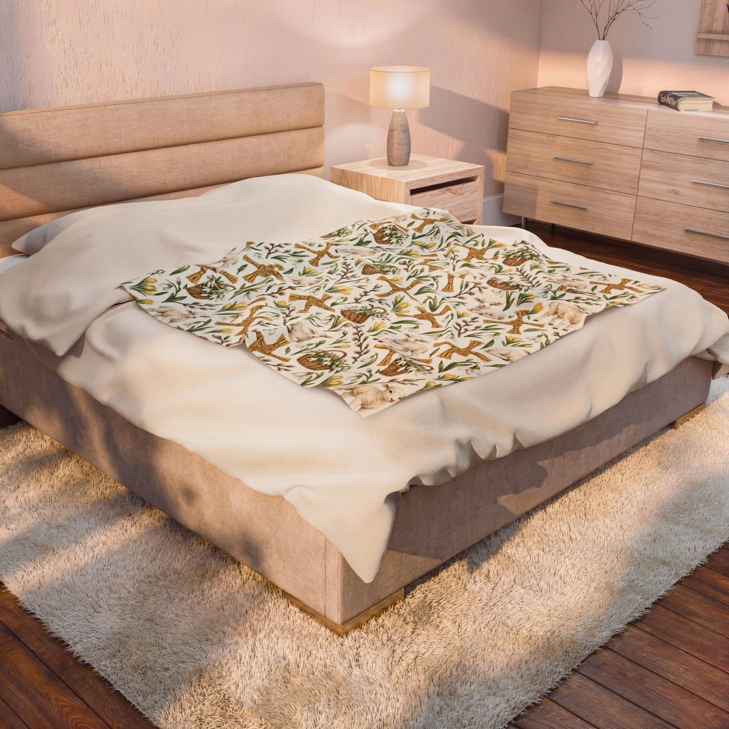 Imbolc Lamb & Brigid’s Cross Velveteen Plush Throw | Lightweight Snowdrop Blanket