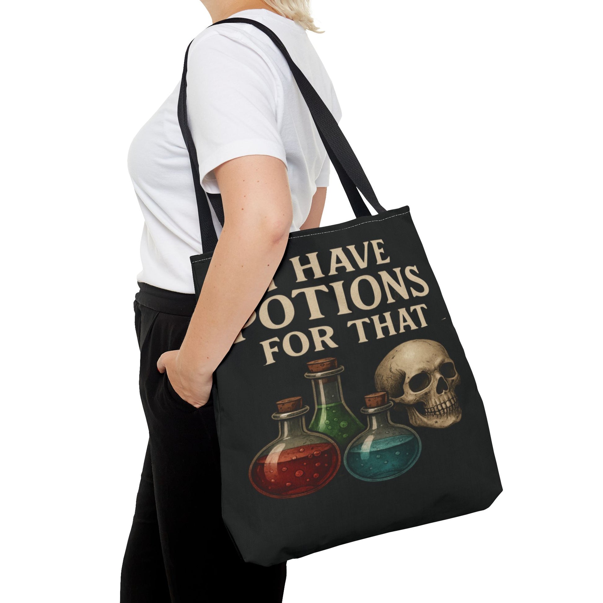 I Have Potions For That Witch Tote Bag Gothic Skull and Potion Bottle Purse, Spooky Witchy Market Bag, Halloween Pagan Gift - Divine Mystic Moons