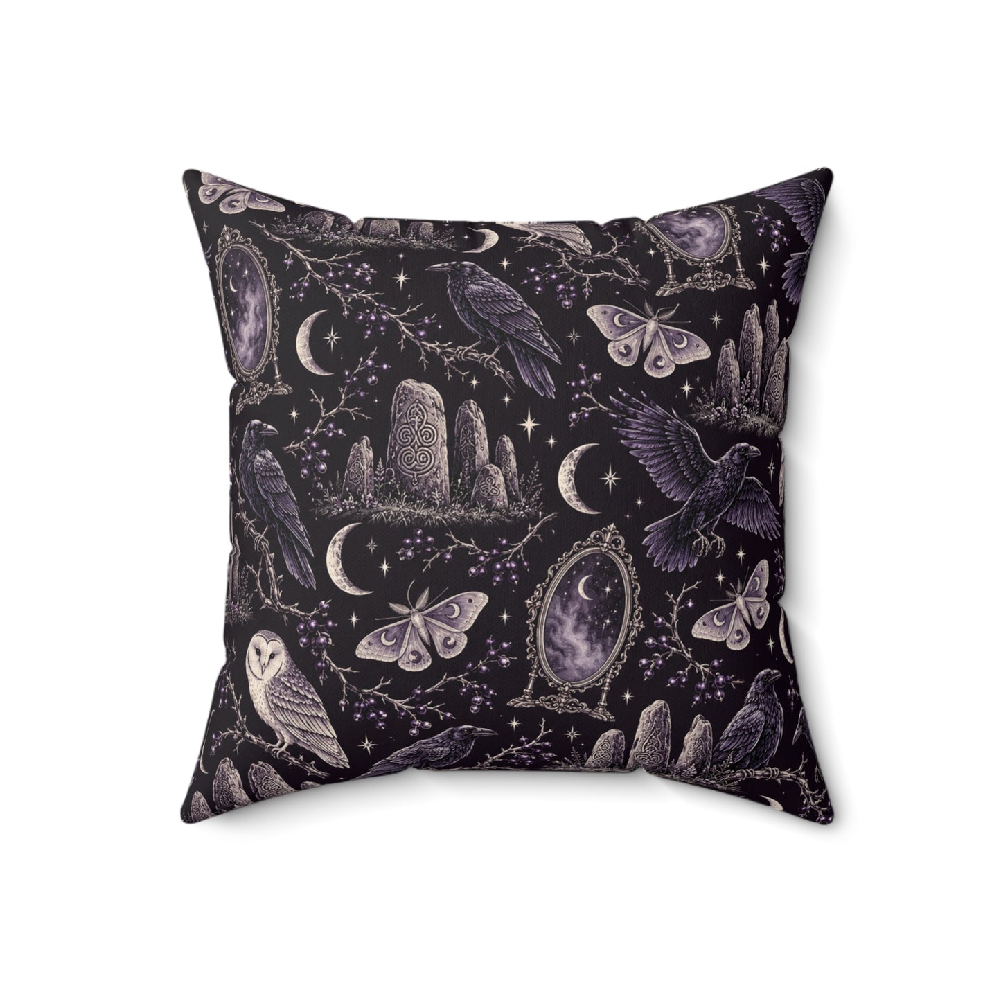 Gothic Raven & Owl Faux Suede Pillow – Purple Moon and Moth Witchy Decor