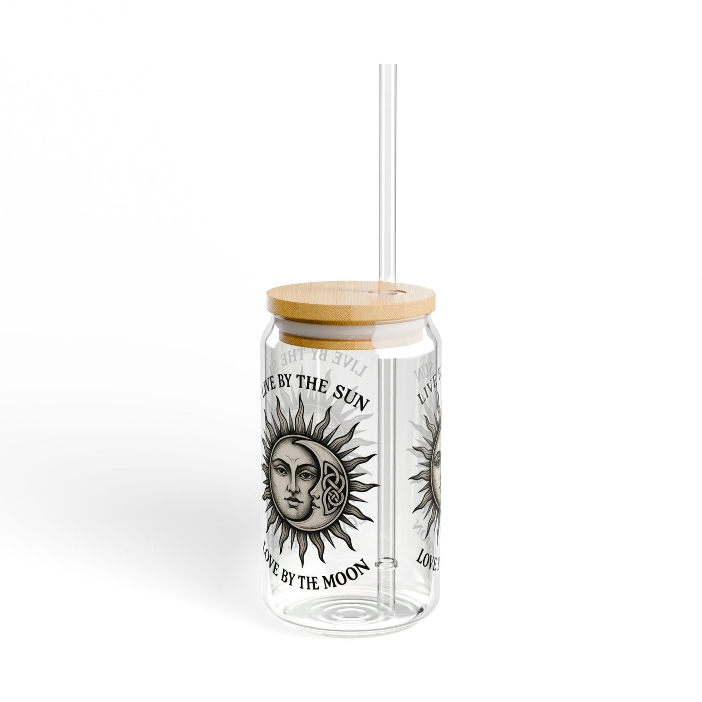 Live by the Sun Love by the Moon Glass Tumbler  16oz Iced Coffee Cup with Bamboo Lid & Straw, Celestial Witchy Drinkware - Divine Mystic Moons