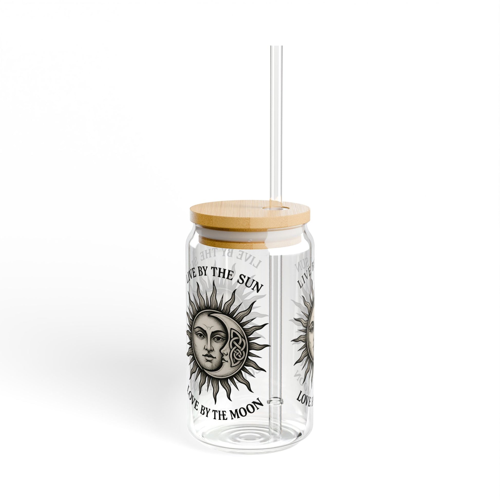 Live by the Sun Love by the Moon Glass Tumbler  16oz Iced Coffee Cup with Bamboo Lid & Straw, Celestial Witchy Drinkware - Divine Mystic Moons