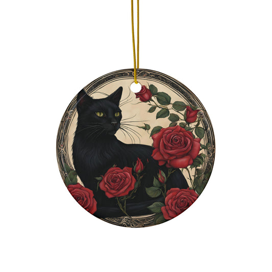 Vintage Cat Black Rose Ceramic Ornaments, Floral Holiday Decor, Pet Lover Gift, Christmas Tree Decoration, 2-Sided Prints, Unique Home - Divine Mystic Moons