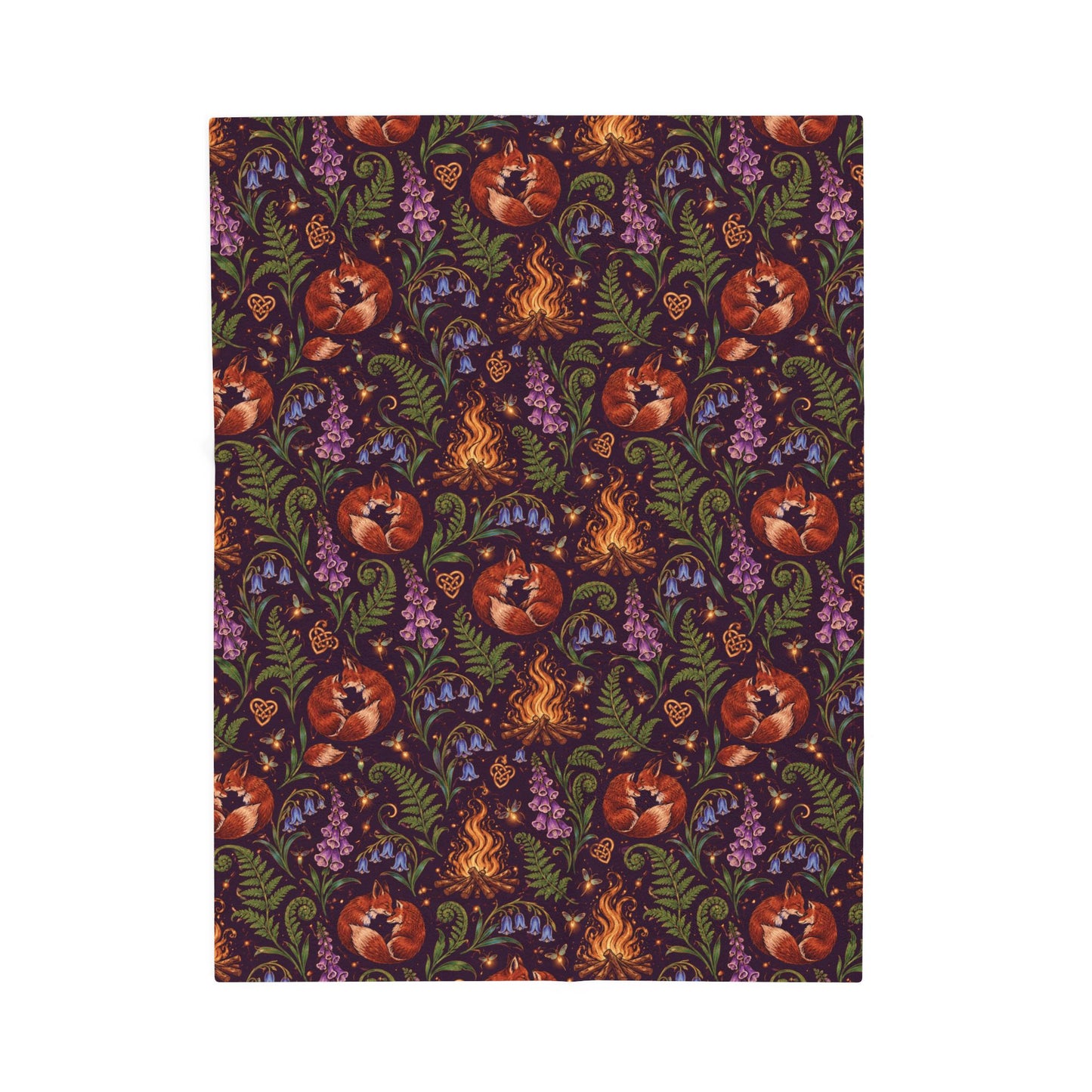 Beltane Fox & Bonfire Velveteen Plush Blanket – Lightweight Purple Woodland Throw - Divine Mystic Moons