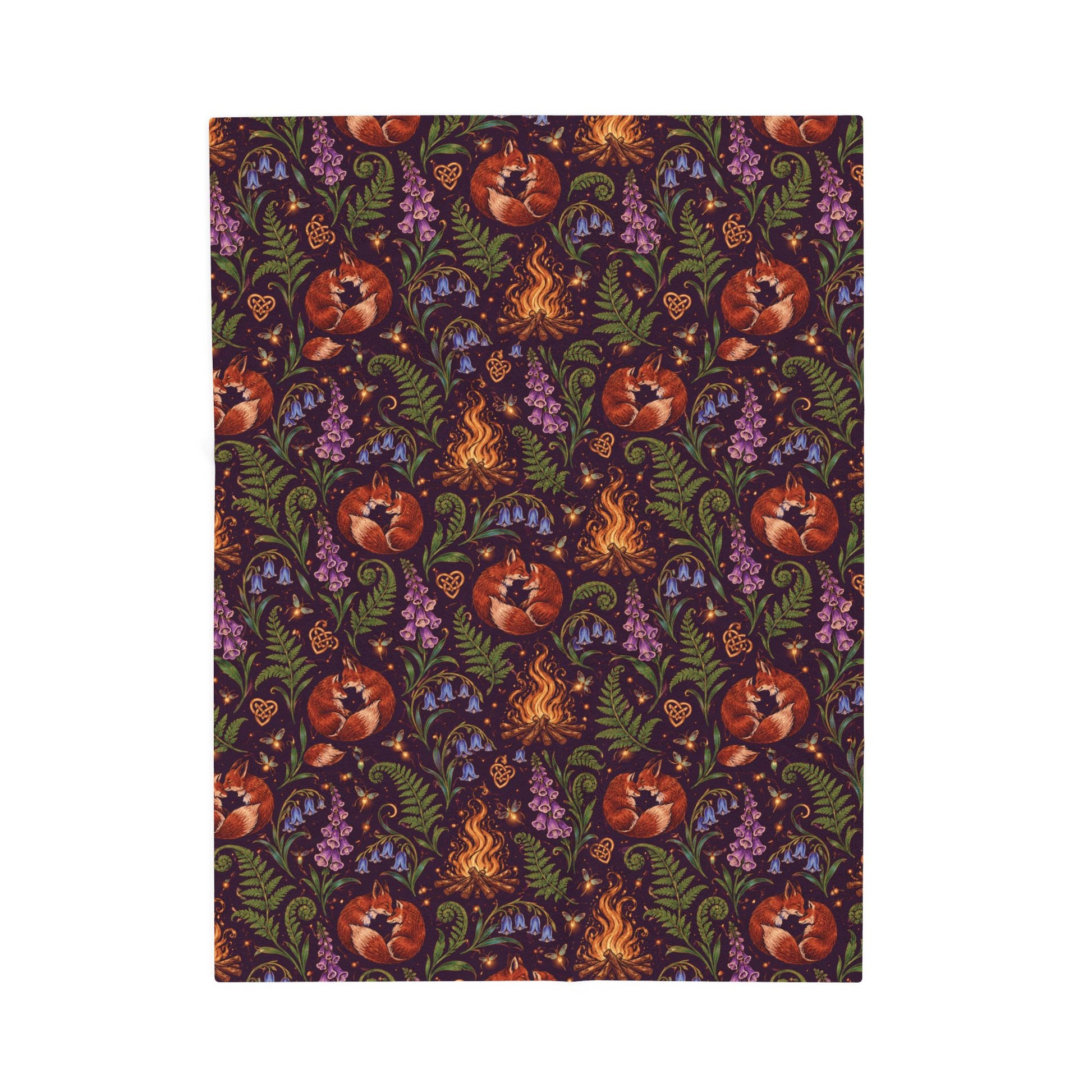 Beltane Fox & Bonfire Velveteen Plush Blanket – Lightweight Purple Woodland Throw - Divine Mystic Moons
