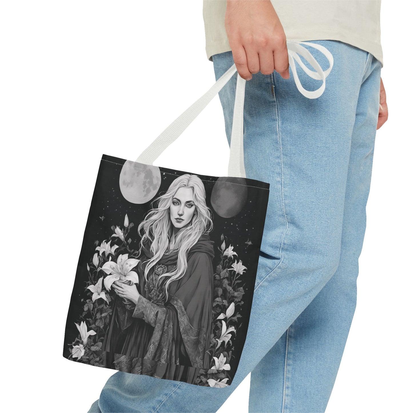 Mystical Floral Tote Bag, Witch Aesthetic Handbag, Boho Chic Shopper, Eco-Friendly Grocery Bag, Everyday Carryall, Gift for Her - Divine Mystic Moons