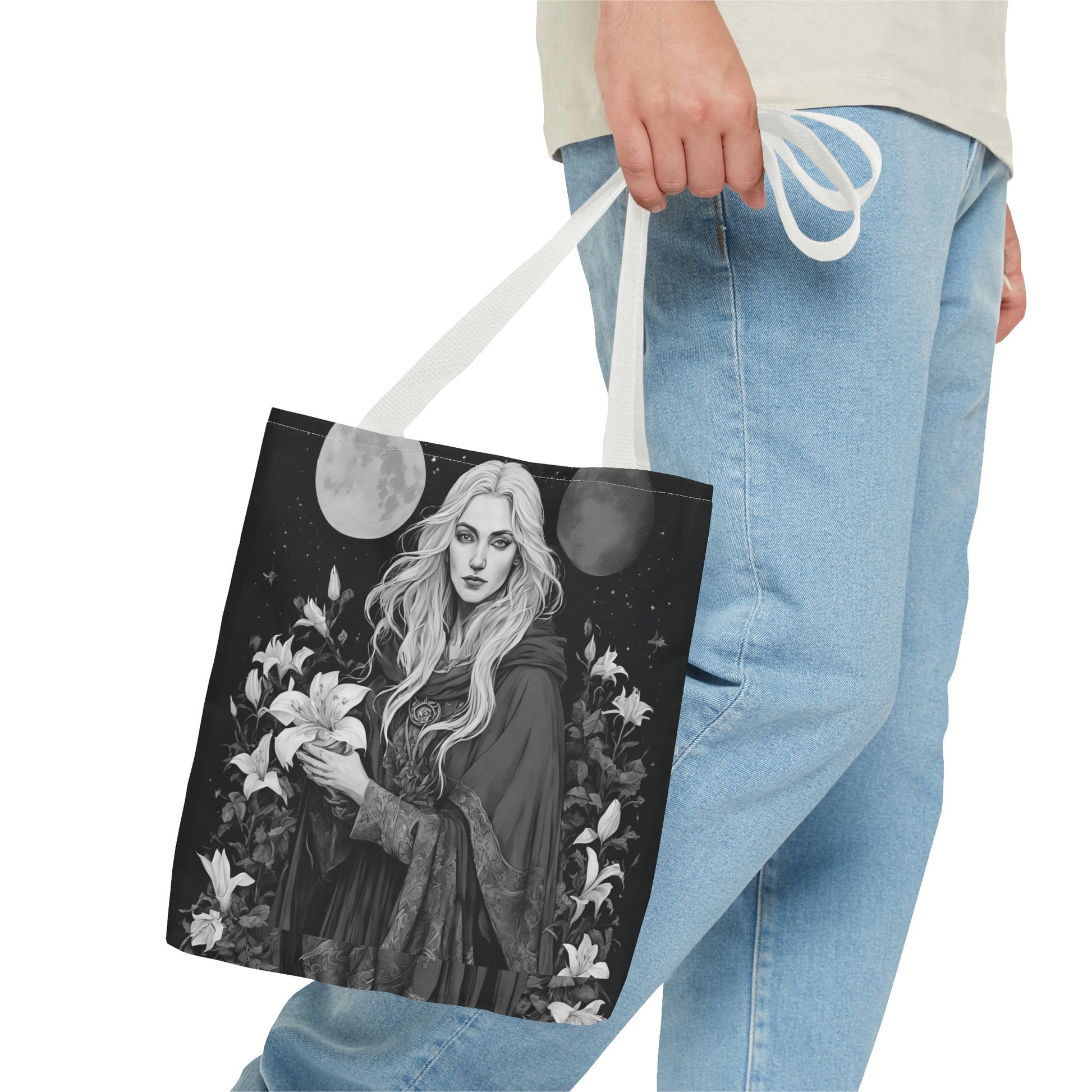 Mystical Floral Tote Bag, Witch Aesthetic Handbag, Boho Chic Shopper, Eco-Friendly Grocery Bag, Everyday Carryall, Gift for Her - Divine Mystic Moons