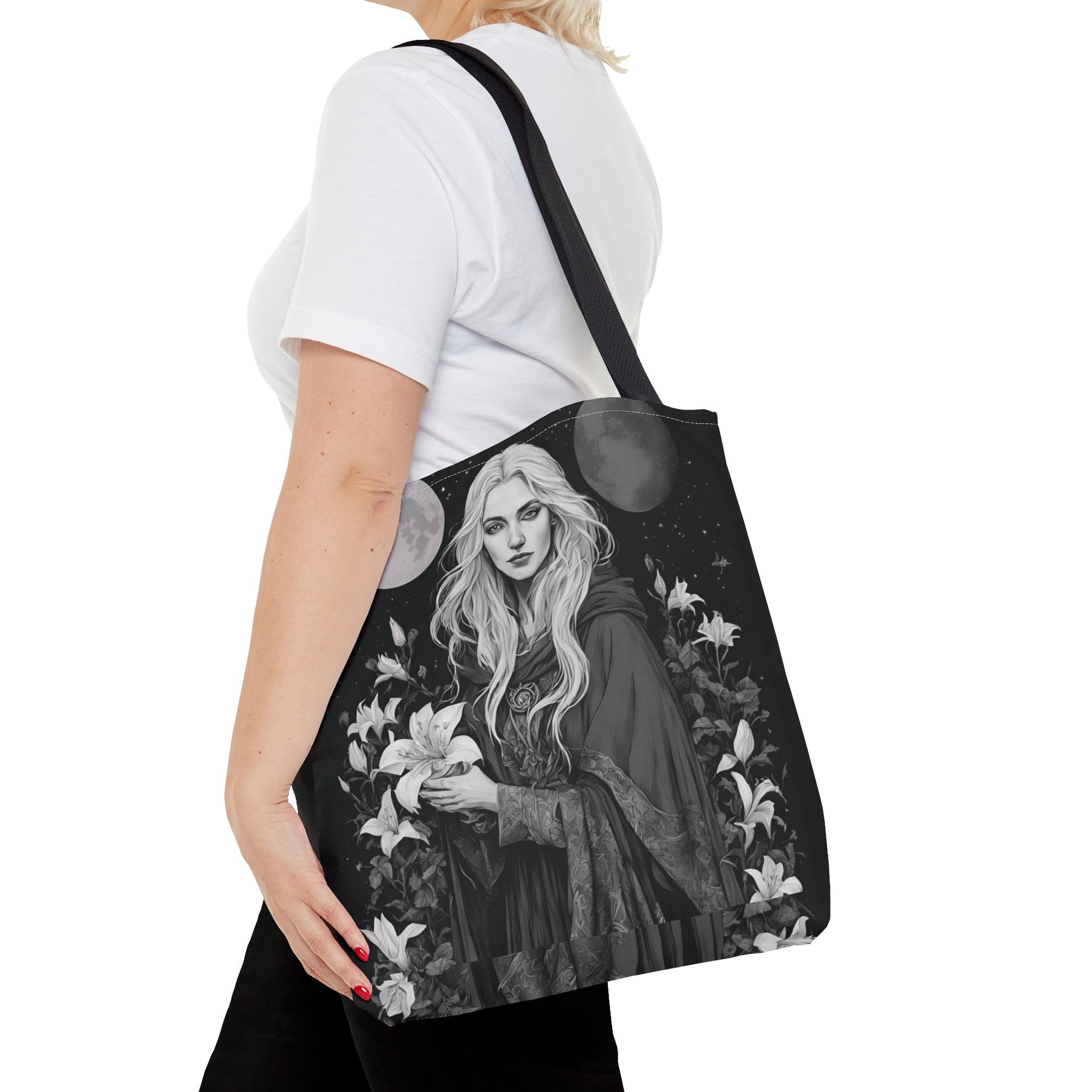 Mystical Floral Tote Bag, Witch Aesthetic Handbag, Boho Chic Shopper, Eco-Friendly Grocery Bag, Everyday Carryall, Gift for Her - Divine Mystic Moons