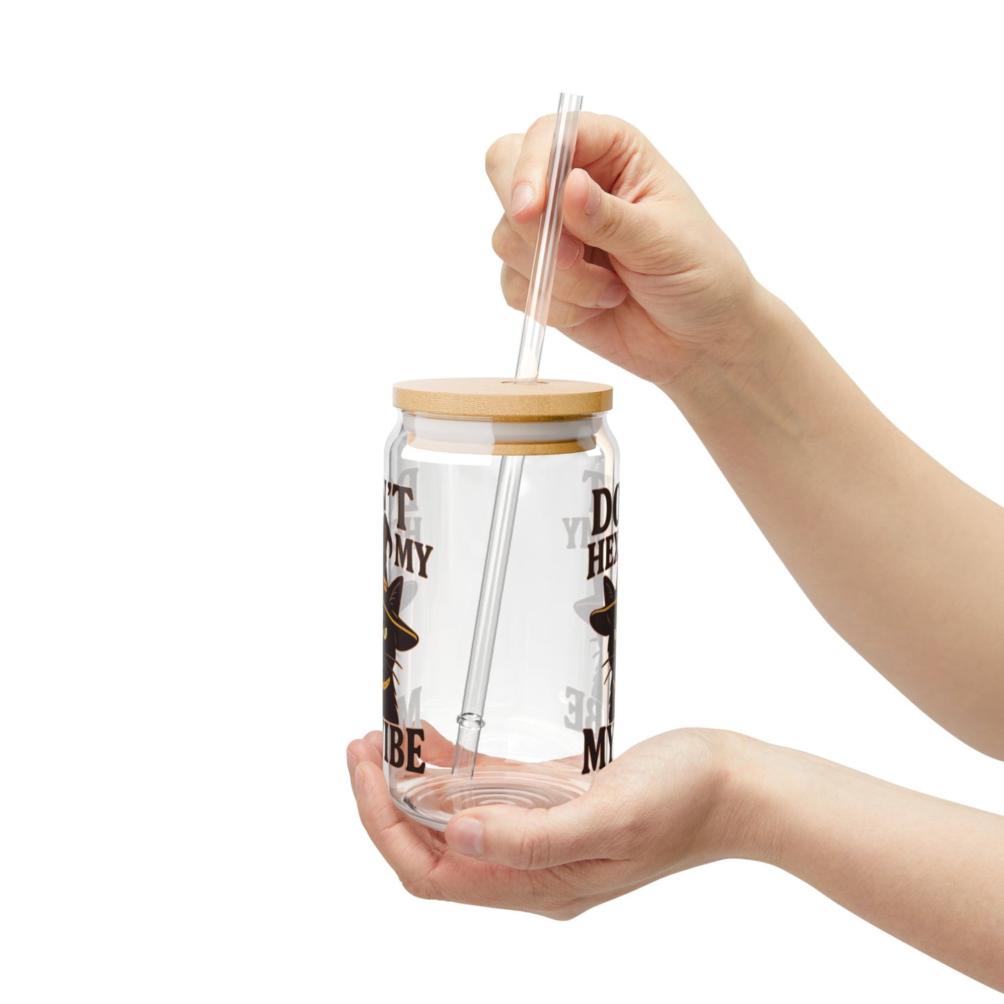 Dont Hex My Vibe Glass Tumbler 16oz Witchy Cat Iced Coffee Cup with Bamboo Lid & Straw, Funny Goth Drinkware, Halloween Sassy Gift - Divine Mystic Moons