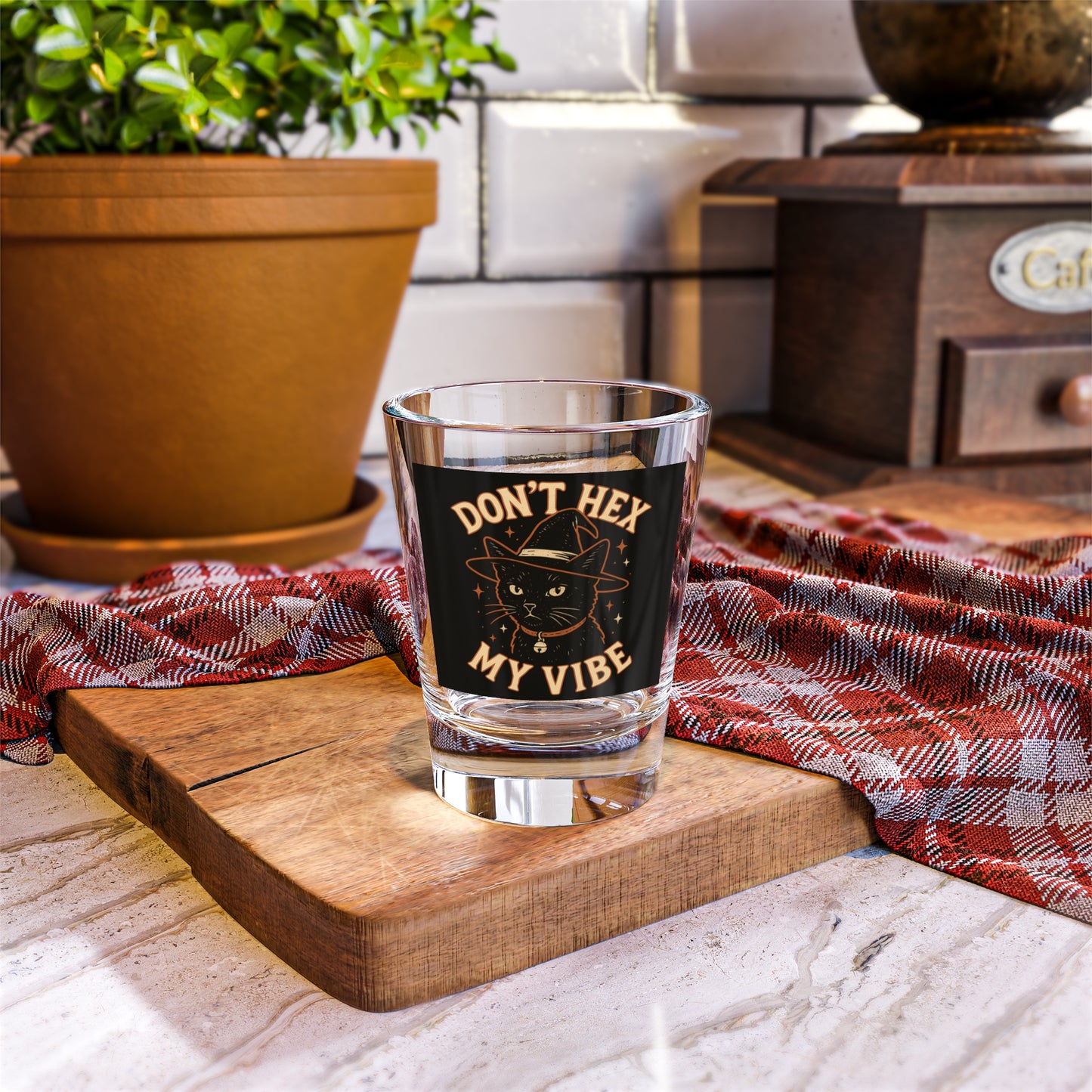 Dont Hex My Vibe Shot Glass Witchy Black Cat Barware, Spooky Halloween Gift, Gothic Drinkware, Kawaii Witch Kitchen Decor - Divine Mystic Moons