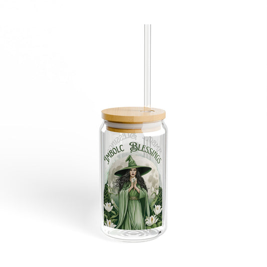 Witchy Imbolc Sipper Glass 16oz - Botanical Blessings, Wheel of the Year Drinkware, Perfect for Pagans Wiccans Green Witch - Divine Mystic Moons