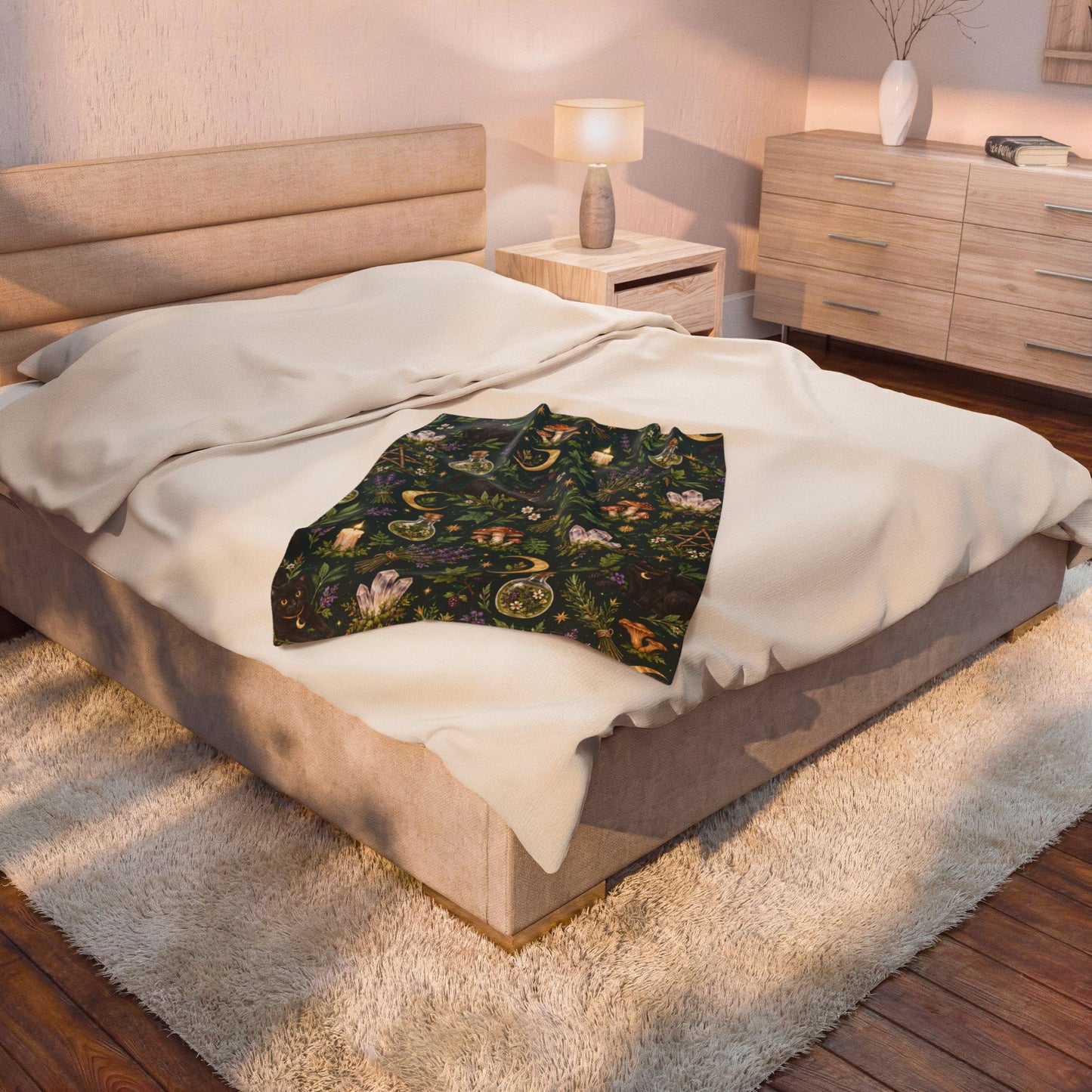 Green Witch Black Cat Velveteen Plush Blanket – Botanical Moon & Crystal Throw