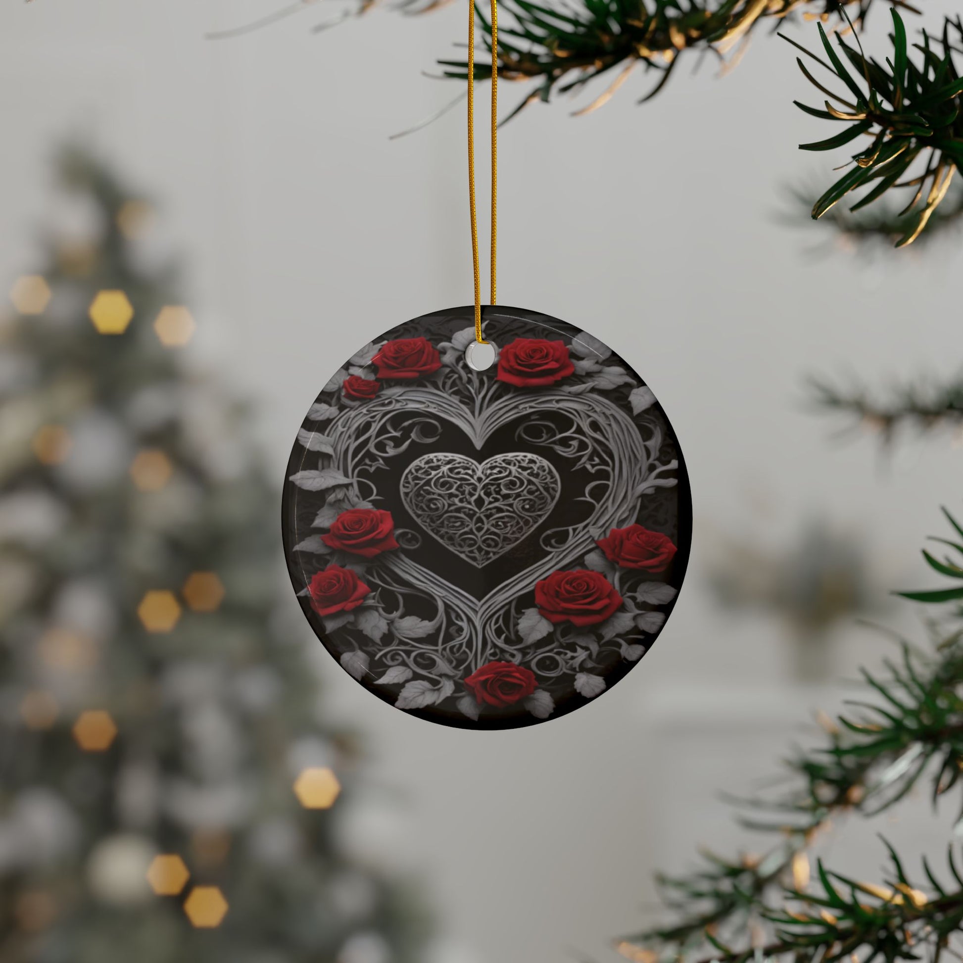 Gothic Heart Ceramic Ornaments - Black Silver Rose Design - Witchy Home Decor - Holiday Ornament Set - 1/3/5/10 pieces - Divine Mystic Moons