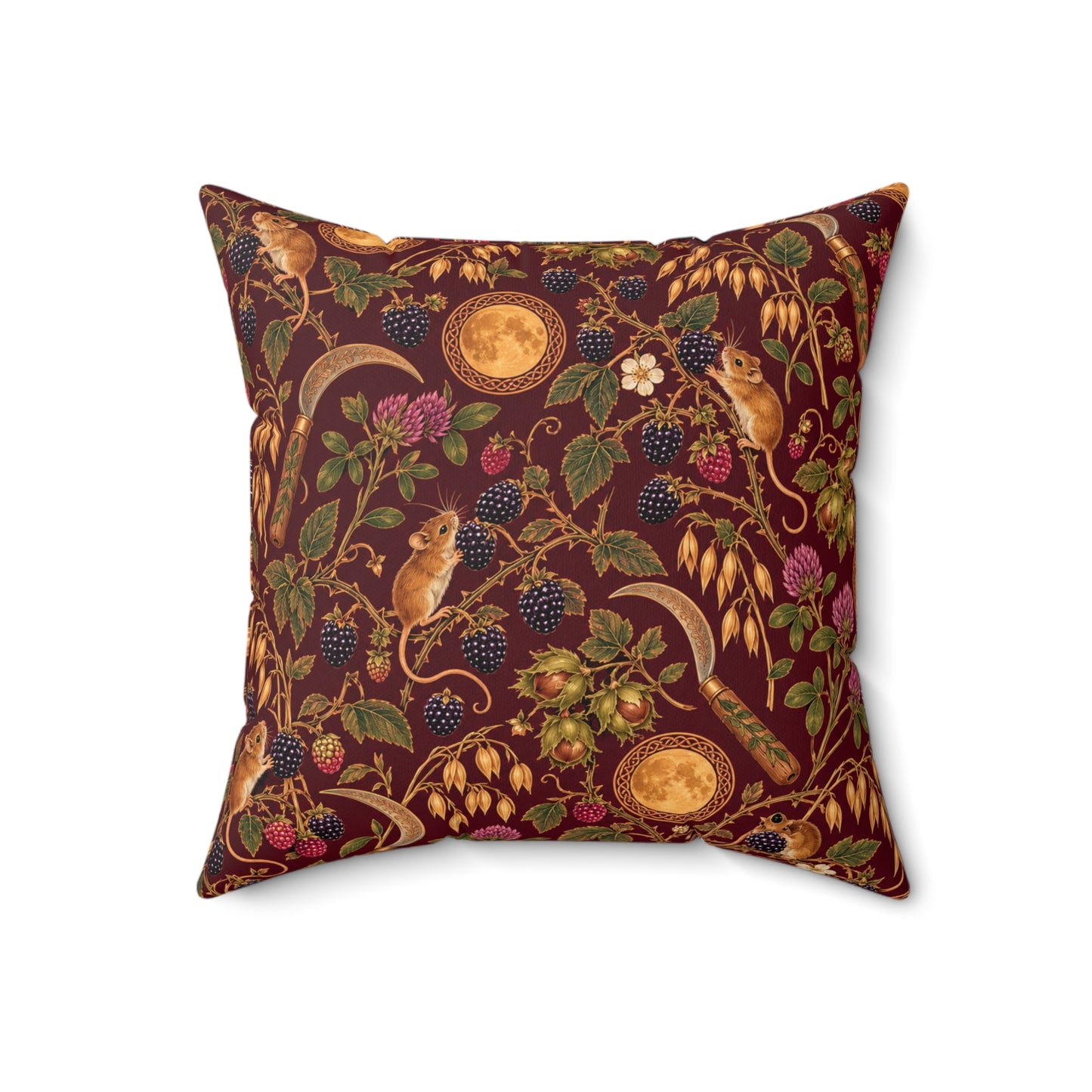 Lughnasadh Harvest Mouse Faux Suede Pillow – Blackberry & Moon Pagan Decor