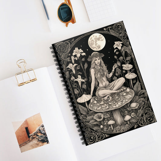 Moon Goddess Notebook – Witchy Mushroom Journal, Gothic Forest Fairy Sketchbook, Divine Feminine Spiral Bound Grimoire Gift - Divine Mystic Moons