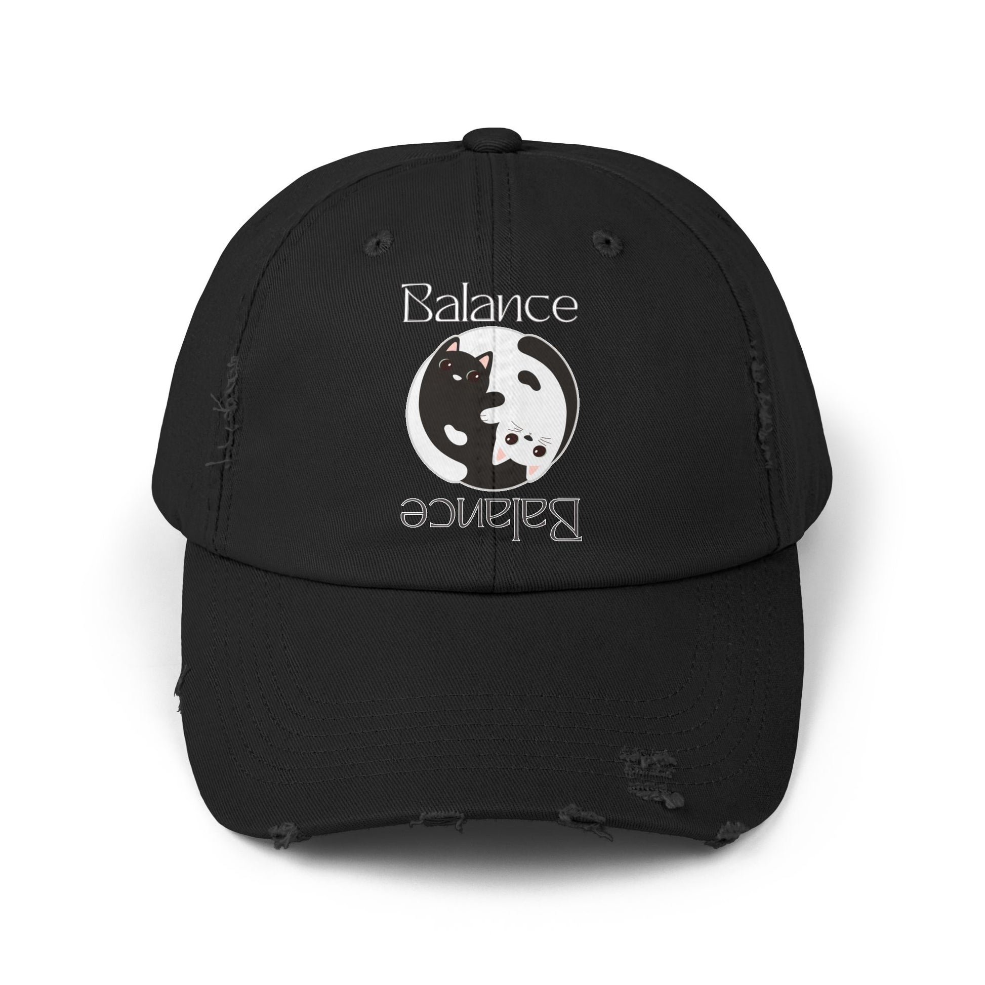 Distressed Balance Hat with Yin Yang Black & White Cats Dual-Sided Text, Intertwined Feline Design, Zen Style, Adjustable Cap - Divine Mystic Moons