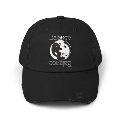 Distressed Balance Hat with Yin Yang Black & White Cats Dual-Sided Text, Intertwined Feline Design, Zen Style, Adjustable Cap - Divine Mystic Moons