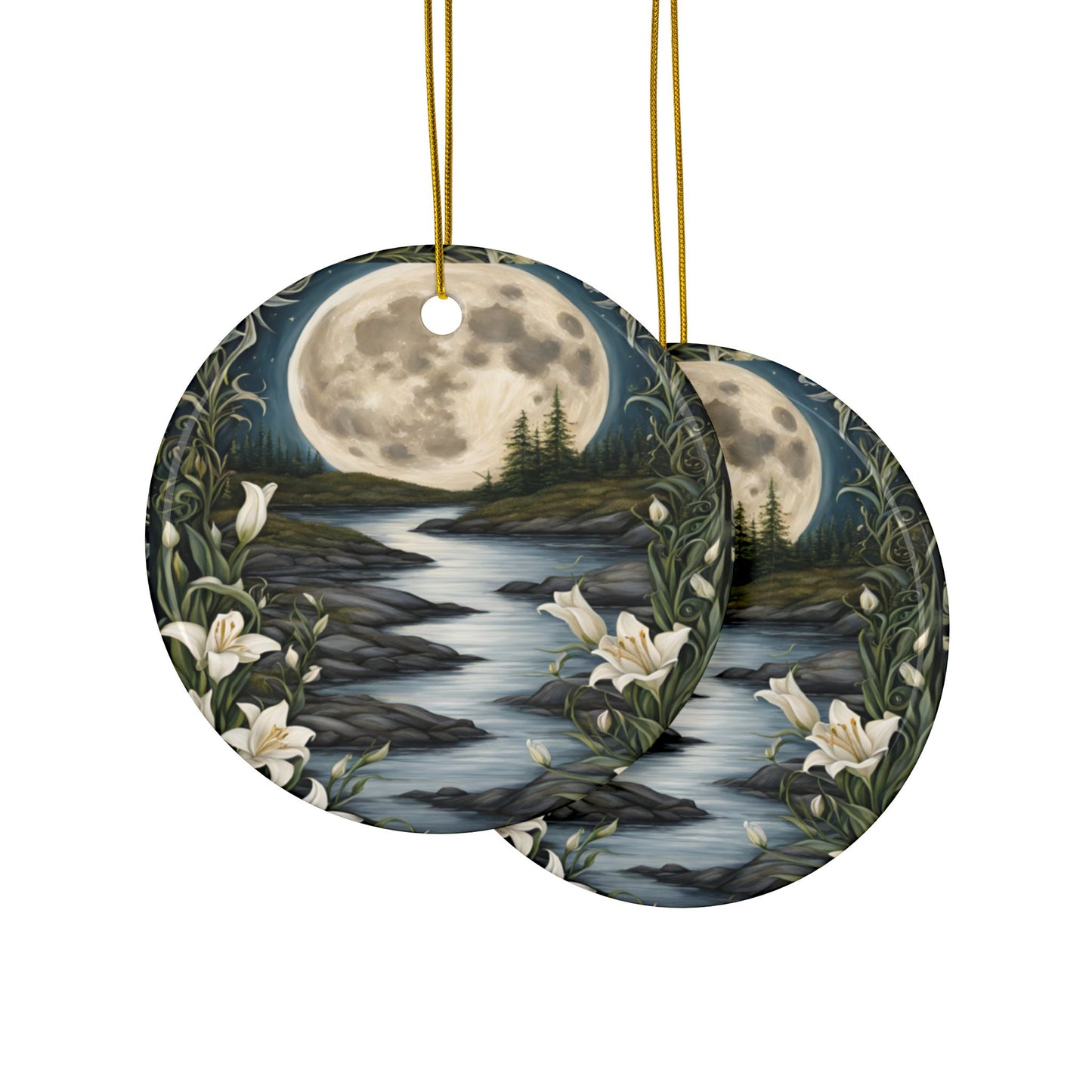 Moonlit River Ceramic Ornaments,  2-sided Moon Ornament Water Lily Hanging Decoration Pagan Holiday Tree Ornament Celestial Home Decor" - Divine Mystic Moons