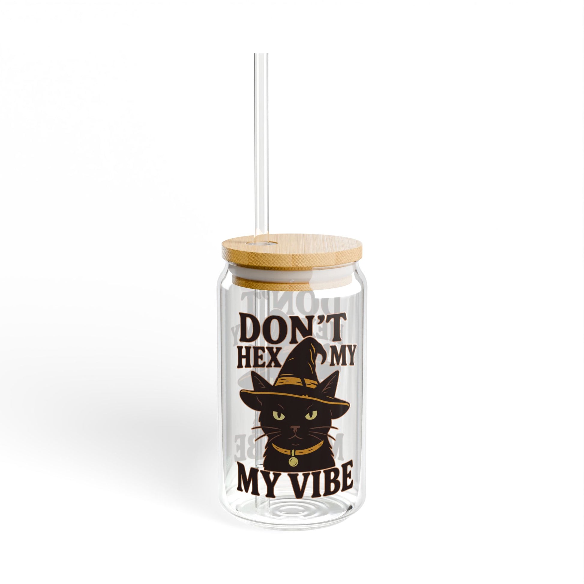 Dont Hex My Vibe Glass Tumbler 16oz Witchy Cat Iced Coffee Cup with Bamboo Lid & Straw, Funny Goth Drinkware, Halloween Sassy Gift - Divine Mystic Moons