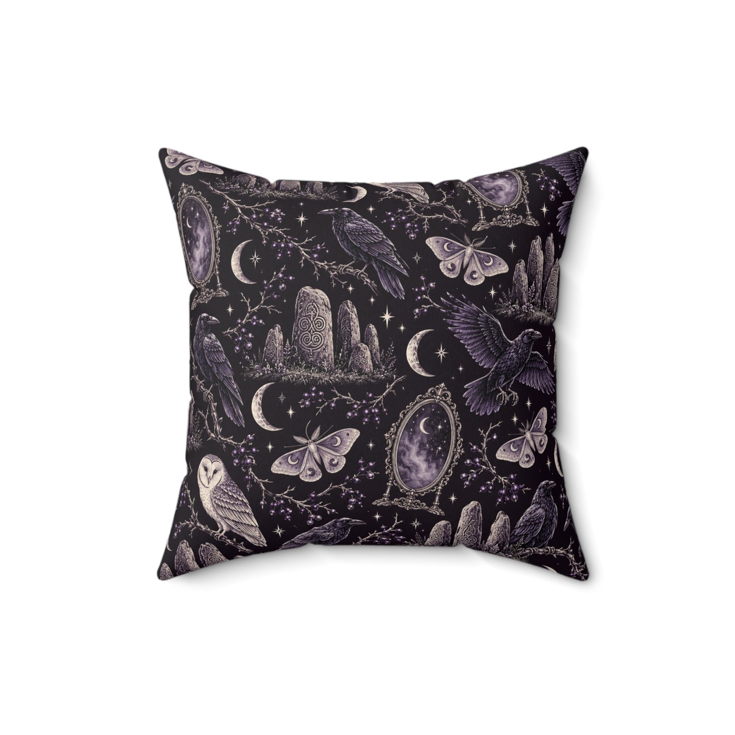 Gothic Raven & Owl Faux Suede Pillow – Purple Moon and Moth Witchy Decor