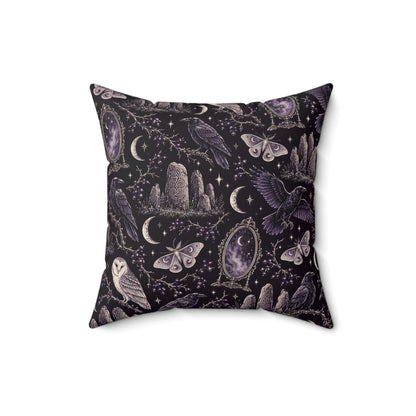 Gothic Raven & Owl Faux Suede Pillow – Purple Moon and Moth Witchy Decor